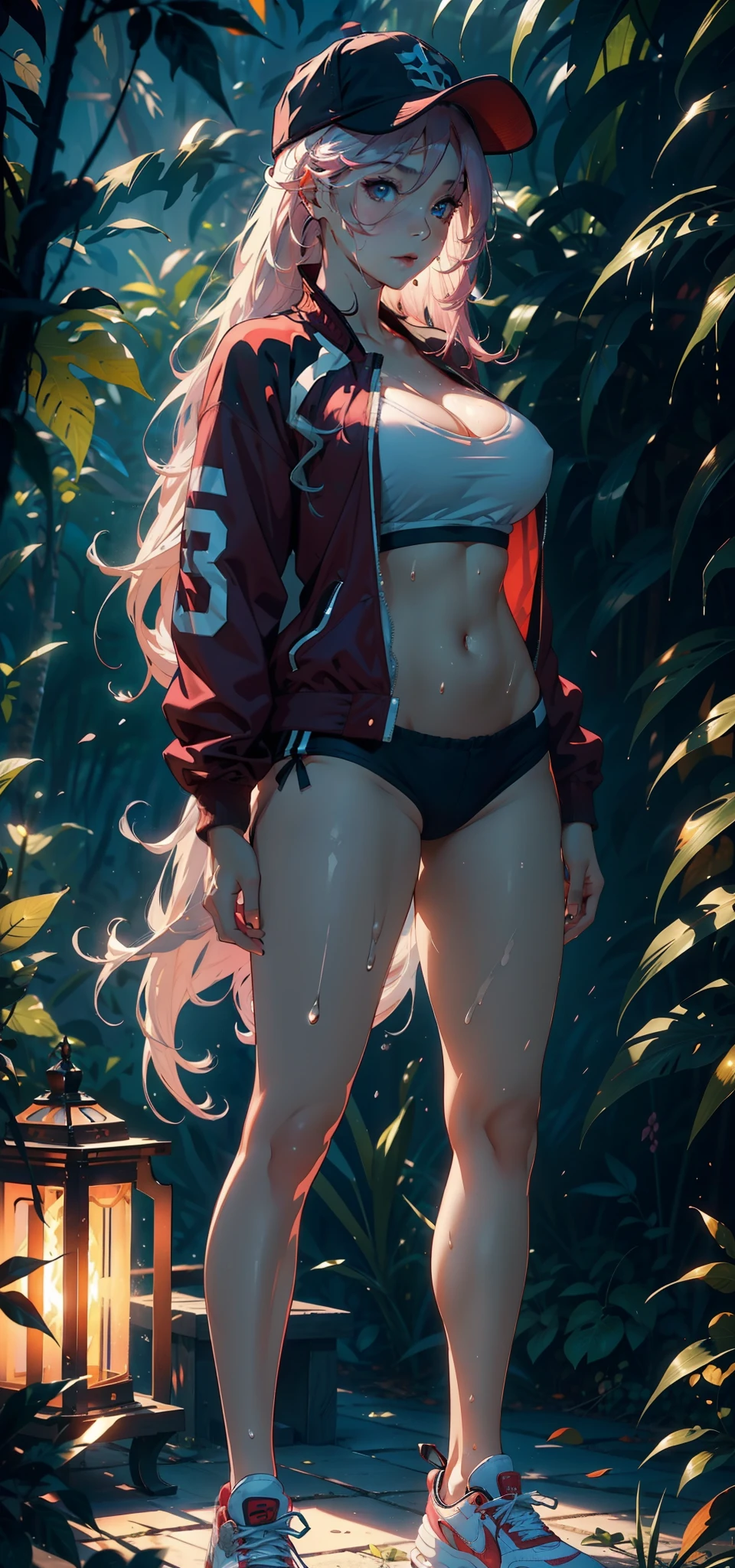 1female,35yo,熟妇,gigantic cleavage breasts,Big breasts Thin waist,long leges,Pornographic exposure, 独奏,(Background with:ln the forest,the rainforest,in summer) She has long pink hair,standing on your feet,Sweat profusely,drenched all over the body,seen from the front, hair straight, mostly cloudy sky,(((tmasterpiece),(Very detailed CG unity 8K wallpaper),best qualtiy,cinmatic lighting,detailed back ground,beatiful detailed eyes,Bright pupils,(Very fine and beautiful),(Beautiful and detailed eye description),ultra - detailed,tmasterpiece,)),facing at camera,(Full body photo),Show shoes,A high resolution,ultra - detailed),revealing breasts,Bare genitalia, bulge,legs are open,Raised sexy,Camel toes,Flushed complexion,Open-mouthed,frontage,baseball cap(Wearing:Red baseball jacket,Clear shorts,athletic sneakers),full bodyesbian,Show shoes