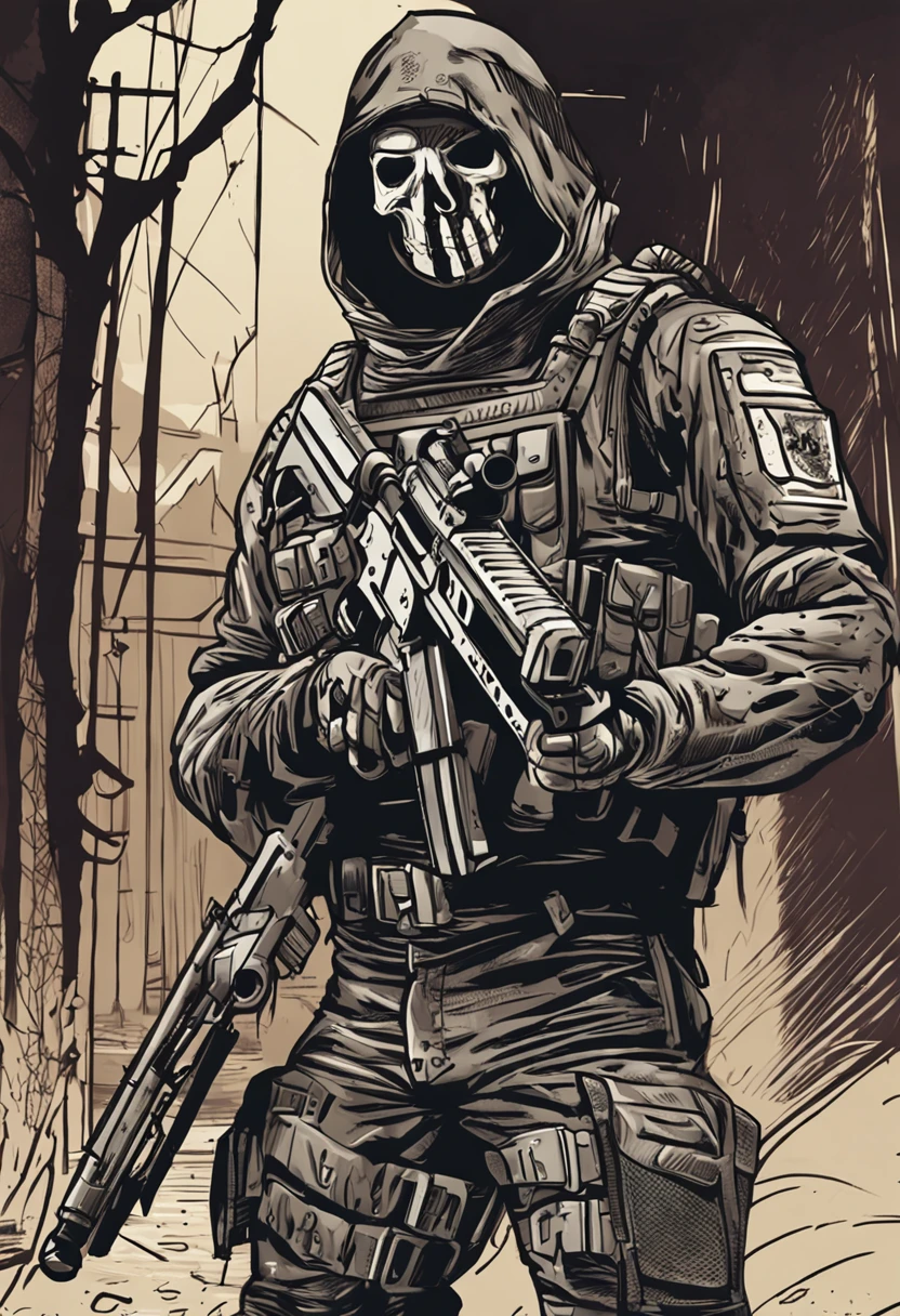 On the battlefield of gun smoke，Um Policial com o rosto de caveira sinistra, com um sorriso torcido，With two daggers in his hands，estilo ninja, Com um rifre de assalt fusil nas costas, facing a penitentiary on fire , Ataque nas sombras，Assassinos，assassinato，arte de splash do personagem，A arte do assassinato，Credo dos Assassinos. Make sure there is no noise and that the lines are thick and sharp like contour art, (((pose interagindo e se apoiando [em uma objeto|em algo no ambiente]))), foco em um quadro vertical da imagem."((full body):1.5). 16k, UHD, best possible quality, ((best possible detail):1), best possible resolution, Unreal Engine 5, professional photography, perfect_hands, (perfeito:1.2)