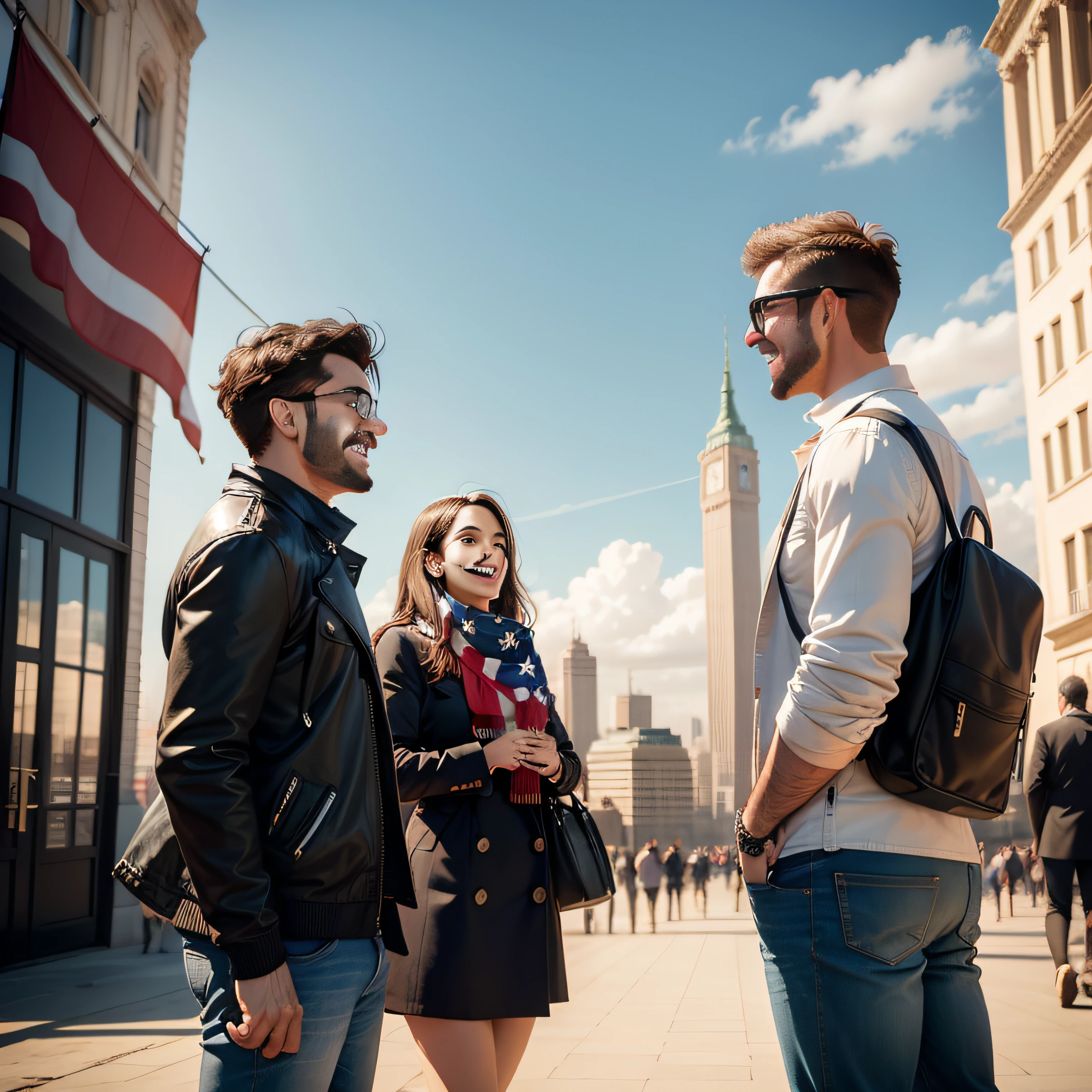duas pessoas conversando, being a woman smiling and a man talking about something funny, behind the two is a city landscape with a U.S. flag
