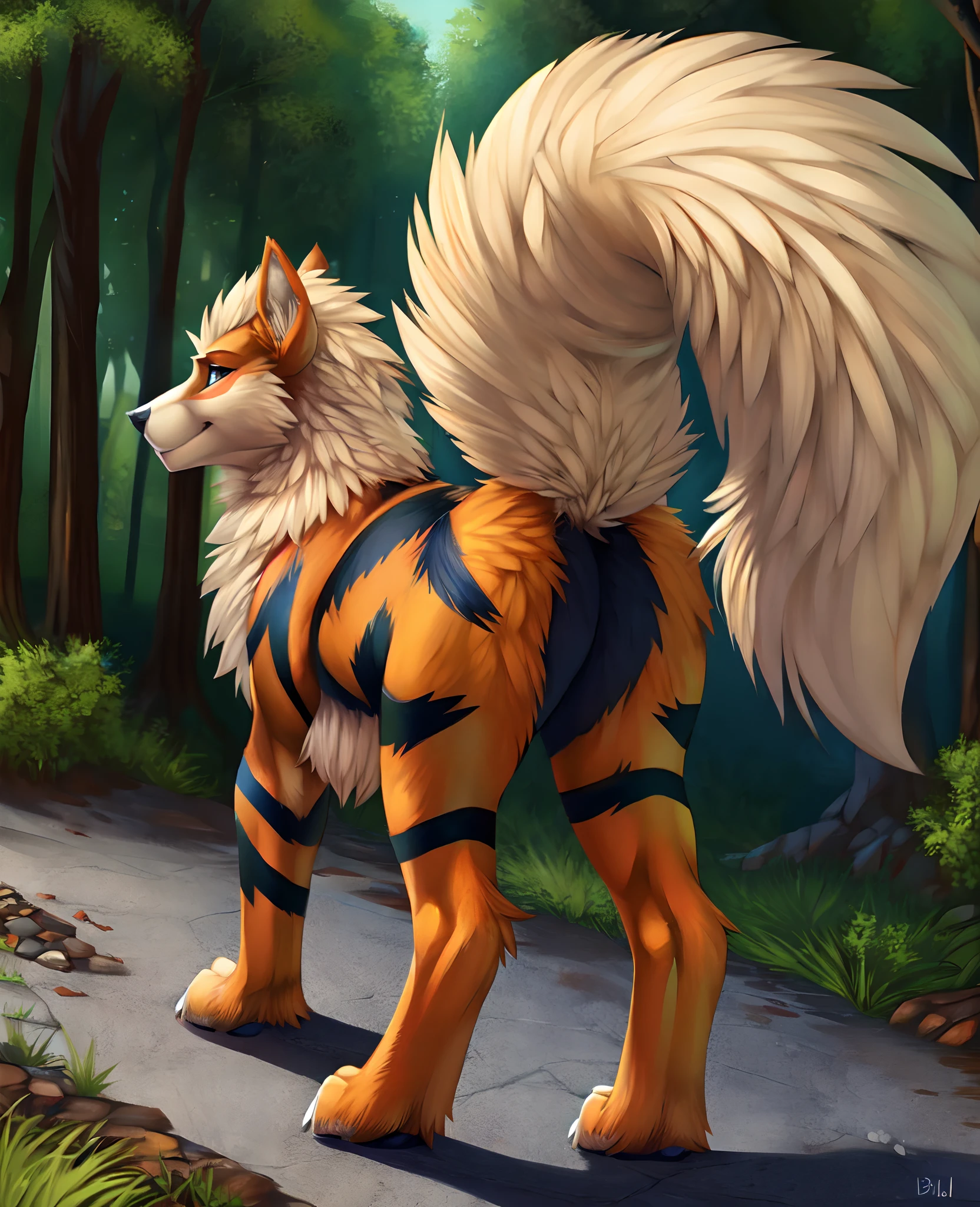 solo, feral, arcanine, rear view, raised tail, paws, looking at viewer,, female, anatomically correct,  [best quality, shaded, extreme detail, highly detailed, ultradetailed, intricate, realistic], detailed background, by Enki Bilal, by wolfy-nail, by Michael & Inessa Garmash, Ruan Jia, by drmax,