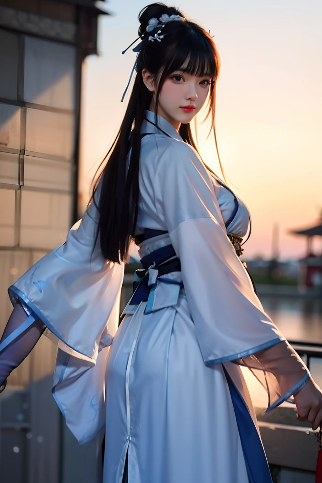 ( ink and watercolor painting), back: A girl, (Blue and white Hanfu), White background, ( Bokeh, Out of focus, Soft lighting, Movie lighting, God Ray, hyper HD)