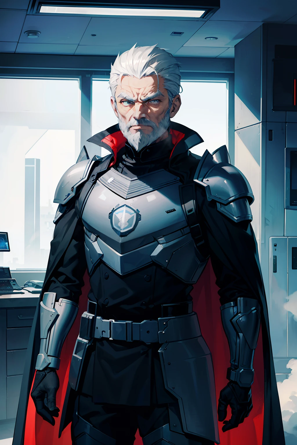 1 old man, elderly but muscular, serious and confident facial expression, dark grey slick back hair, dark grey beard, Blue eyes, blue sci-fi military uniform, futuristic armor plating, black cape, standing in a sci-fi laboratory, Ultra HD, masterpiece quality, high quality, top quality, perfect quality