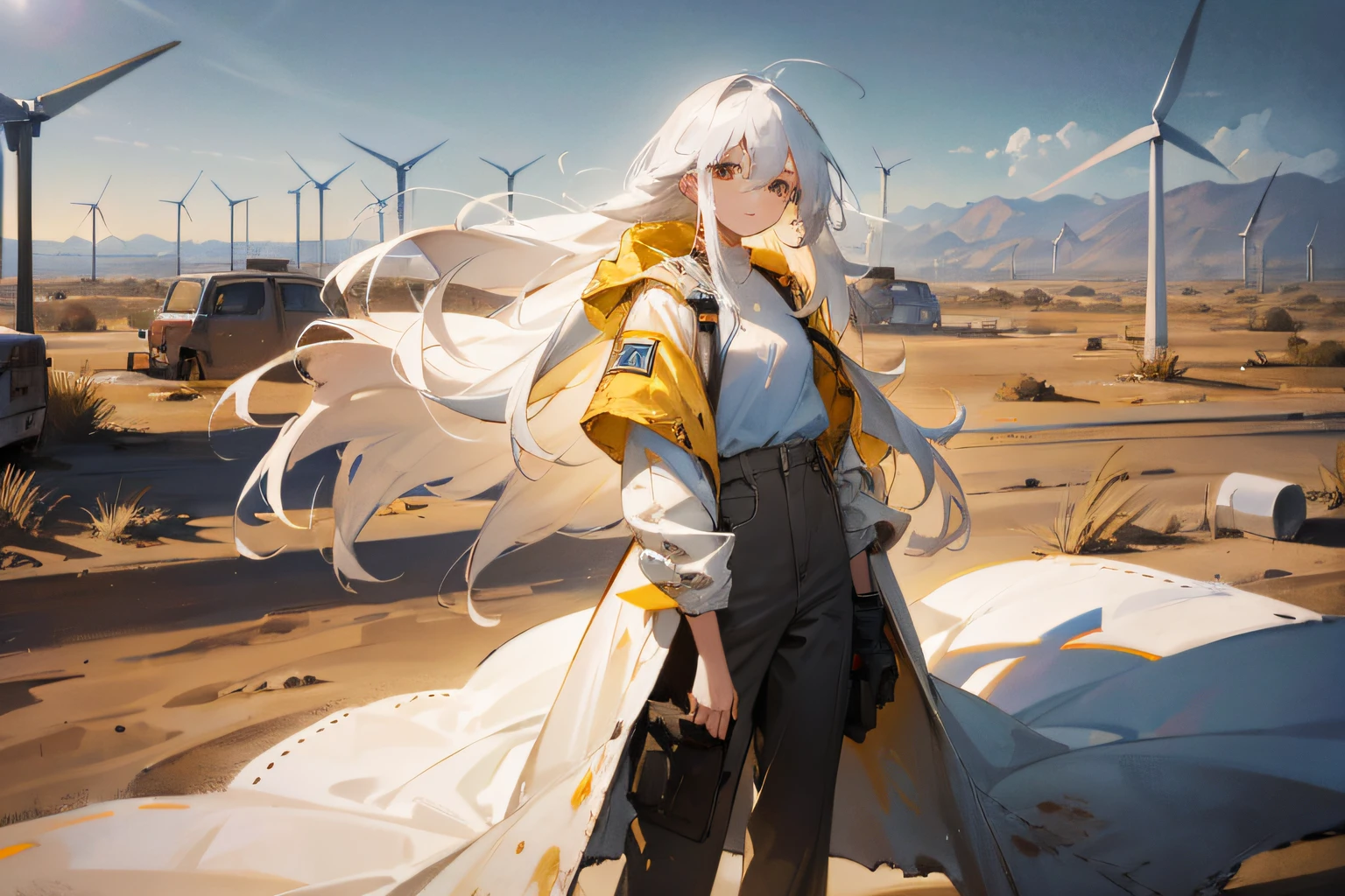 1 girl, long white hair, wearing white shirt, long yellow coat, baggy pants, dirty tattered clothes, desert wasteland, ruined city, wind farm, absurdres, high res, ultrasharp, 8K, masterpiece, detailed face, looking at viewer,