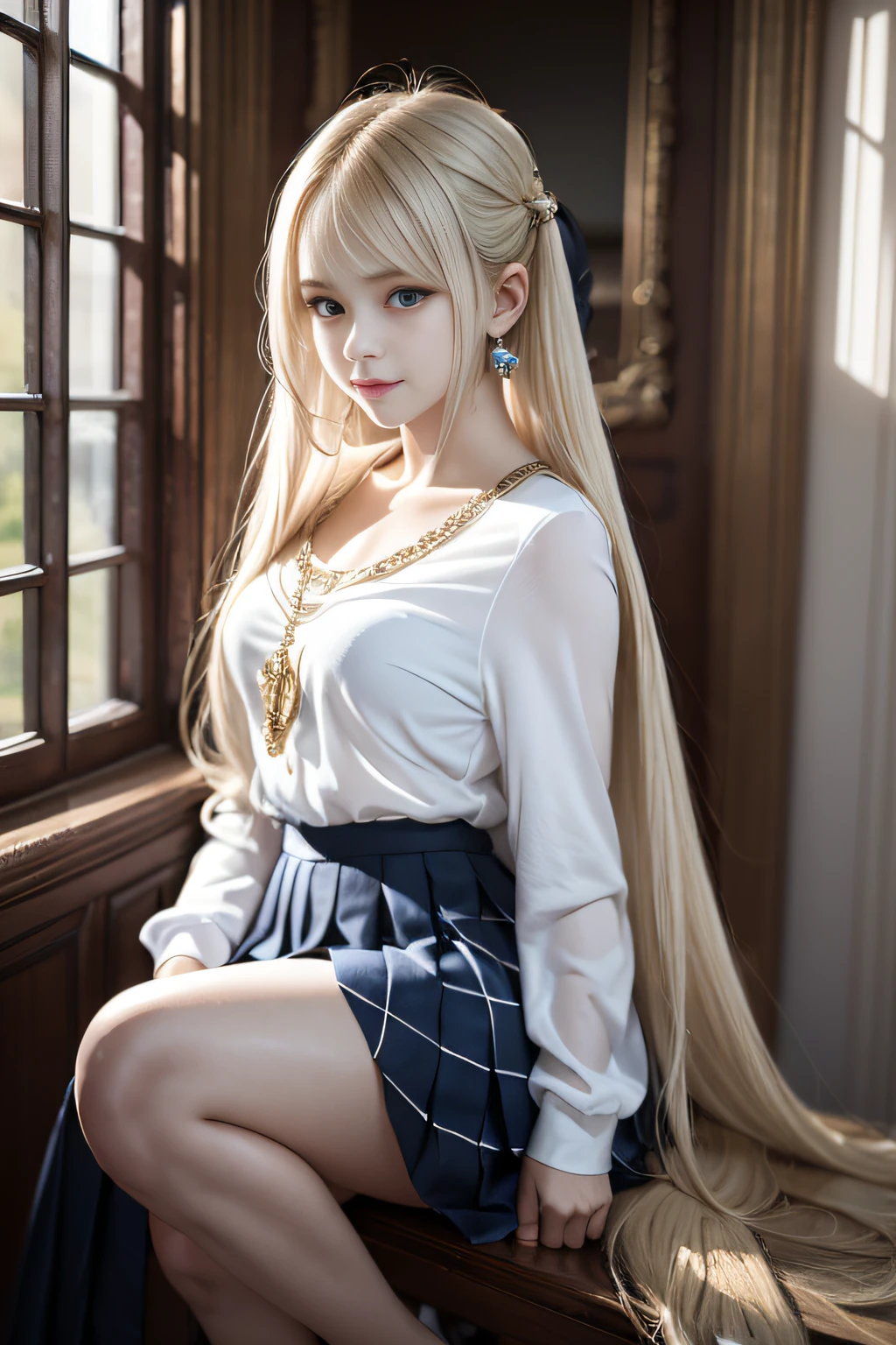 bright expression、poneyTail、Young shiny shiny white shiny skin、Best Looks、Blonde reflected light、Platinum blonde hair with dazzling highlights、shiny light hair,、Super long silky straight hair、Beautiful bangs that shine、Glowing crystal clear attractive big blue eyes、Very beautiful nice cute 16 year old girl、Lush bust,Beautiful detailed eyes, beautiful detailed nose,(( Full body:1.25)),Makeup that the eyes emphasize、((Pleated skirt with many folds)),(Women like Joan of Arc)、s Armor、Knights, With a sword and shield，Royal style，Comic style, , Sub-surface scattering, ornate detail, nature backdrop, Hyper-realistic, Cinematic, Dramatic Lighting, masutepiece