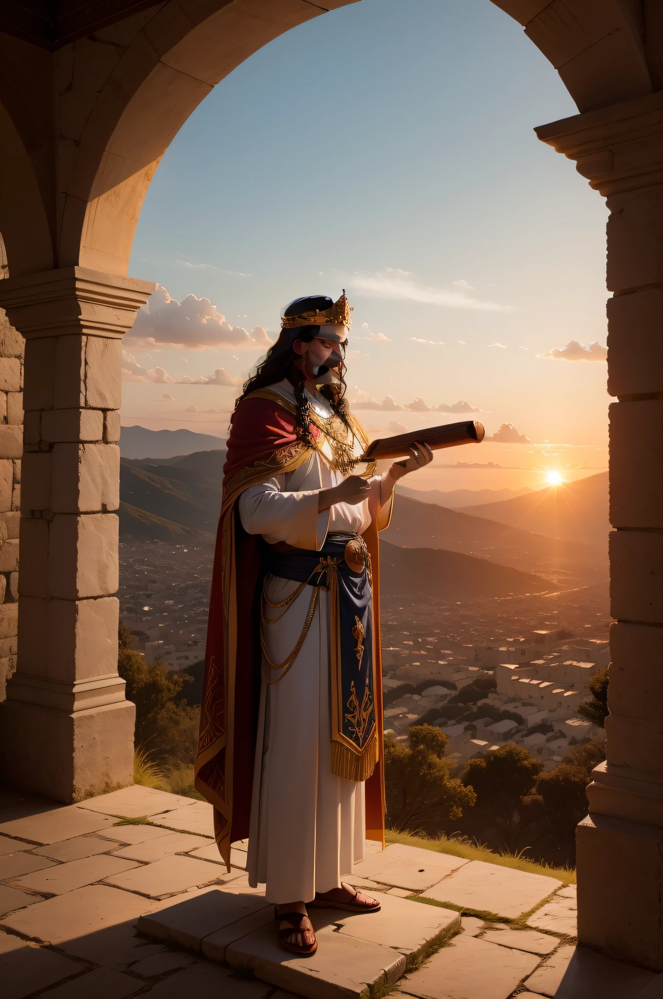 Describe a picturesque setting in the hills of Bethlehem at dusk, where a king of biblical times, inspirado na figura do Rei Davi, It is standing on a stone promontory. He wears a royal tunic adorned with rich colors and intricate details. Your crown is simple, mas majestosa, adornada com pedras preciosas. He holds a harp with experienced hands.., e seus dedos habilidosos acariciam as cordas, enchendo o ar com uma melodia que ecoa pelos vales. His gaze is wise and gentle, refletindo a coragem e a humildade que o tornaram um rei amado por seu povo. Ao seu lado, um rebanho de ovelhas pastam serenamente, simbolizando suas origens humildes como pastor. The sunset paints the sky with shades of red and gold, criando uma aura de tranquilidade e grandeza ao redor do rei