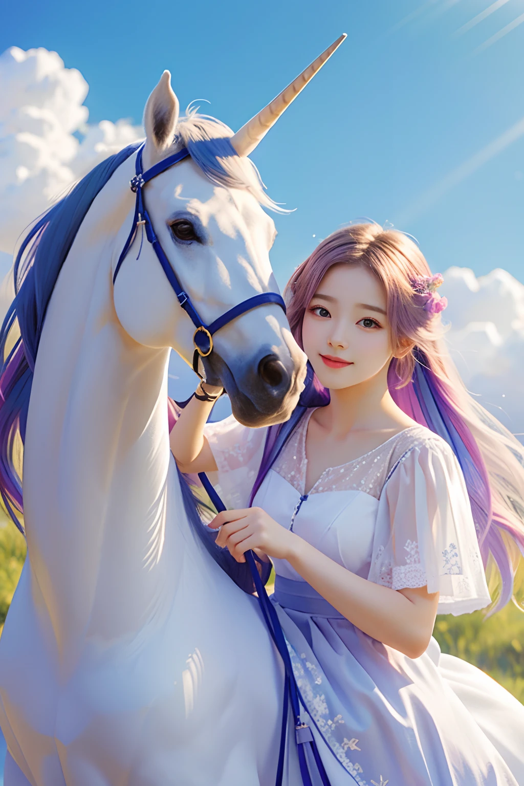 (Best Quality, Masterpiece: 1.1), (Realistic: 1.4), Beautiful girl on unicorn takes the sky,god ray,