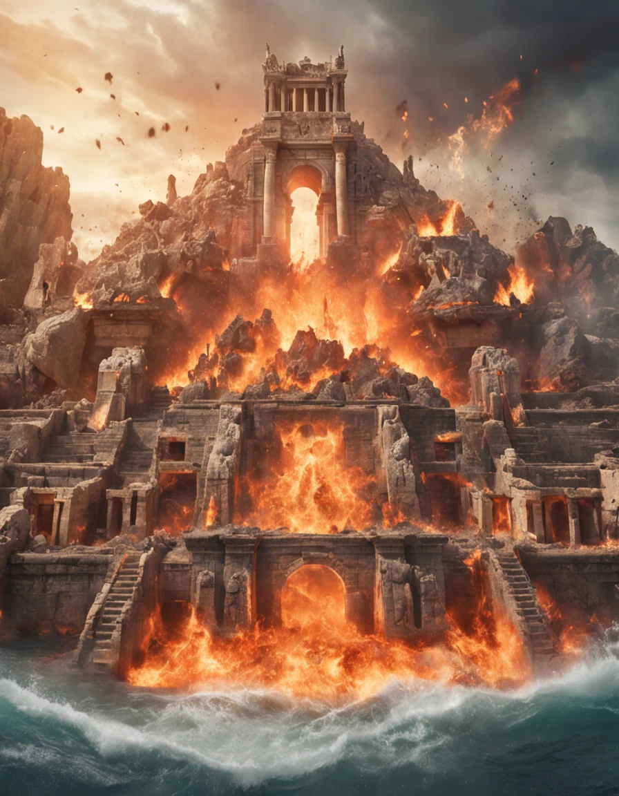 a highly detailed professional photograph of the cataclysmic catastrophic destruction of an Ancient Atlantean City by water and fire, architecture inspired by Ancient Greek, a city overwhelmed by towering waves and engulfing flames, teal orange color grade, cinematic, turbulent ocean and crumbling edifices, chaos, despair, destruction, Canon EOS R5, f-stop: 8, lens type: wide-angle, lens length: 24mm, ISO: 400, 8k, photorealistic