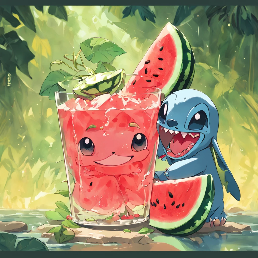 Cartoon character with watermelon and watermelon in a glass, El material es!!! watermelon!!!, Arte de dibujos animados vibrante, Lilo y Stitch, Arte de salpicaduras de Disney, Pixar Splash Art, ❤🔥🍄🌪, Arte Oficial, watermelon, Ilustraciones oficiales, Splash Art oficial, Arte oficial de alto detalle, Arte de salpicaduras, 🐿🍸🍋, amazing wallpaper