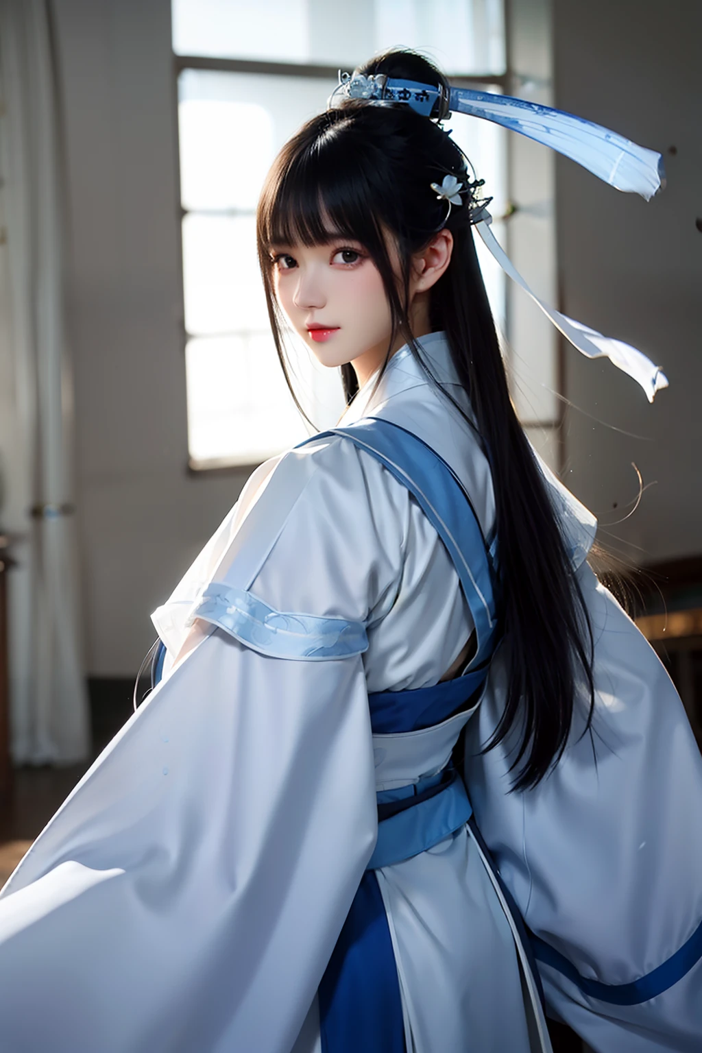 ( ink and watercolor painting), back: A girl, (Blue and white Hanfu), White background, ( Bokeh, Out of focus, Soft lighting, Movie lighting, God Ray, hyper HD)