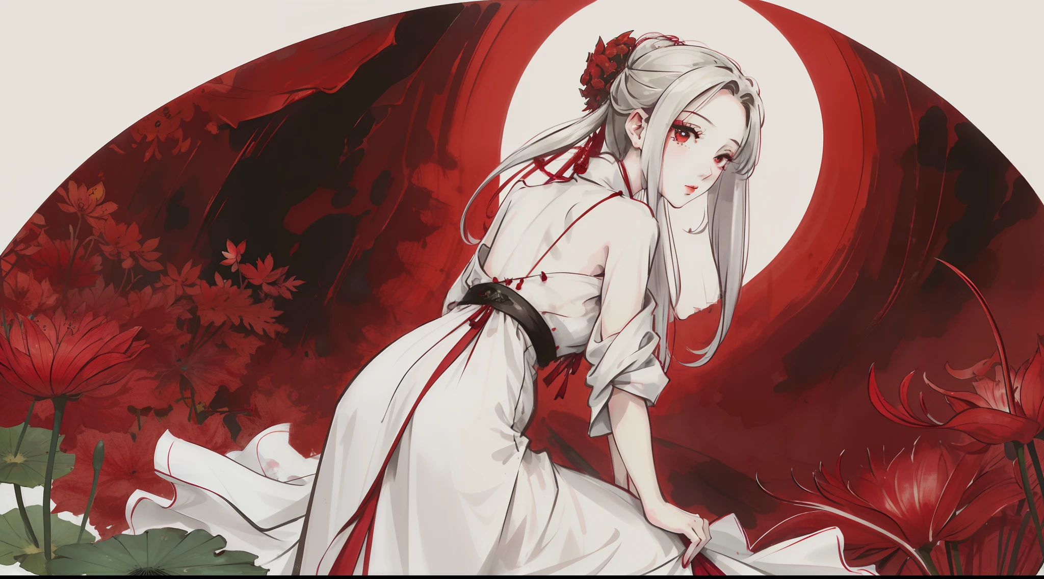 ((4k,masterpiece,best quality)), shuimobysim, traditional chinese ink painting, lotus, hanfu, maxiskit, dress conservatively
a beautiful lady, red eyes, straight hair, white hair, backless dress, lying in a field of red spider lilies, from above, looking at viewer, red spider lilies