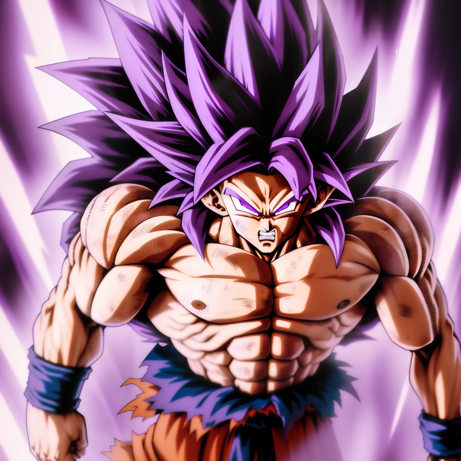 Son goku,purple long hair,super saiyan 4 style fur in body,whote and purple aura,muscular body,bare upper body,torn clothes,hand band,angry,red eyes,white eyelashes,lightning, torn clothes,battle damage on body ,drawn by Akira Toriyama, anime style,dragon ball super anime ,