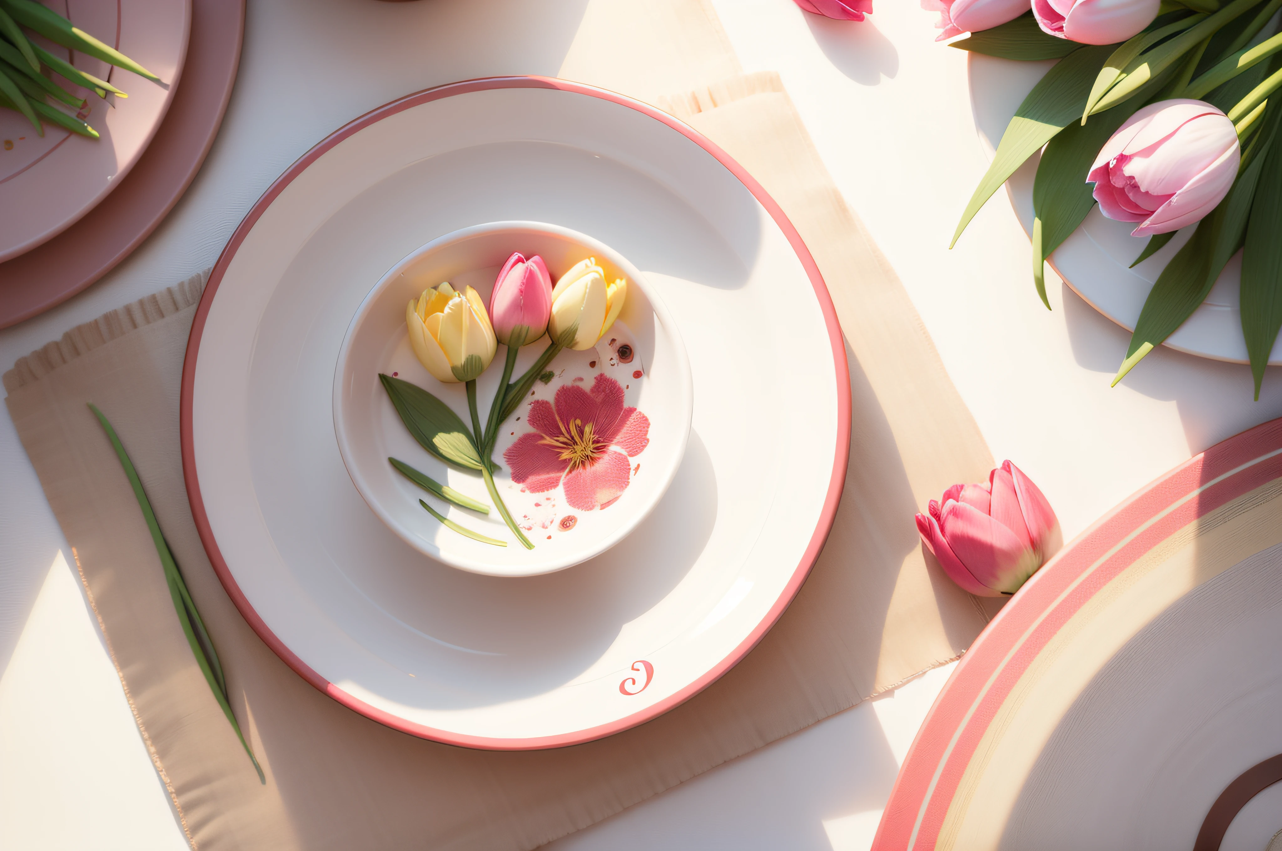 pink, yellow, red tulips with long green stems twisted in circle, white circle in the middle, top view, white background, table top light, hires photo