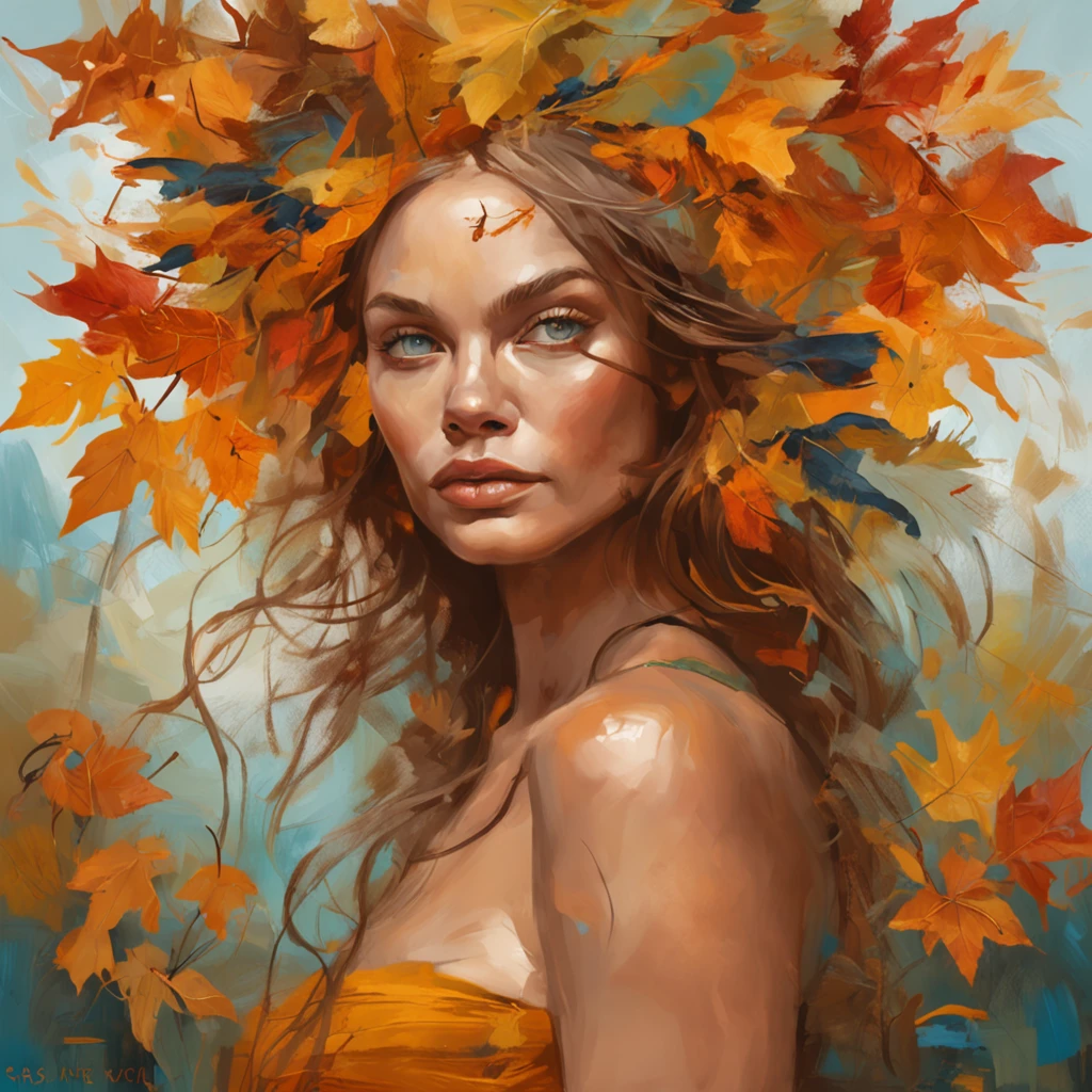 pintura de uma mulher com cabelos longos e olhos azuis em um campo de folhas, junto com um belo tigre, bela arte digital, linda arte digital linda, Arte bonita UHD 4K, bela arte digital, a beautiful artwork illustration, pintura digital bonita, arte digital muito bonita, lindo pintura digital, beautiful autumn spirit, retrato bonito da arte da fantasia, lindo arte digital, vento de outono, pintura de personagem bonita