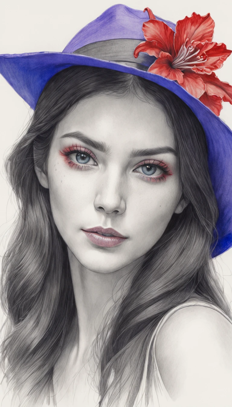 [On a sketchbook sheet, blue lines, A beautiful and intriguing woman looks at the viewer with a faint smile on her lips. She has long, dark hair, that fall on your shoulders. She wears a black hat, decorated with red flowers, yellow and purple on the head. The cap contrasts with the white background of the sheet. The image is a genuine work of pencil painting art, inspired by Diego Koi's realistic and detailed style, Famous Italian artist.]