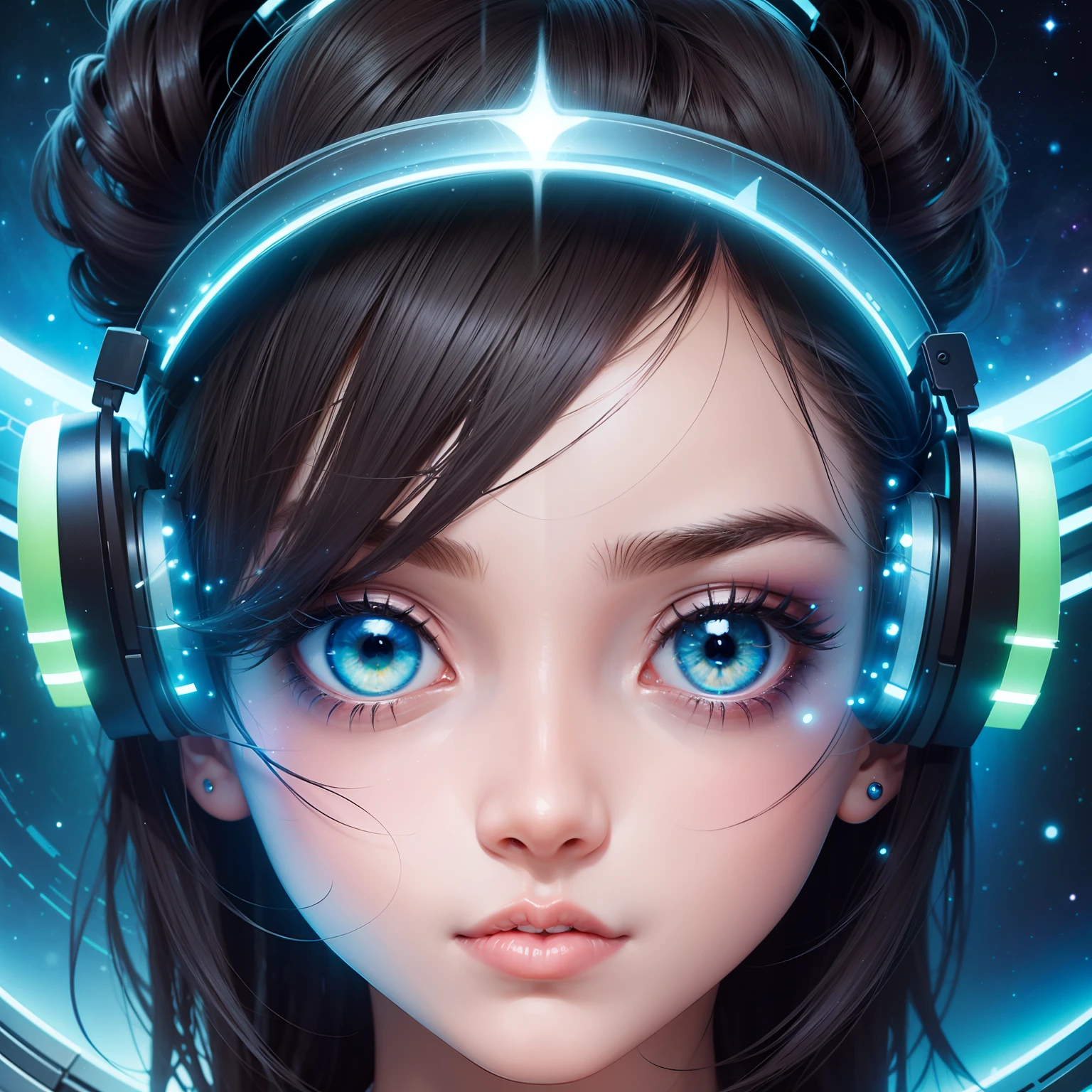 girl,radioactive glow,abstract art,character focus,eyes with reflection,starry sky,galaxies