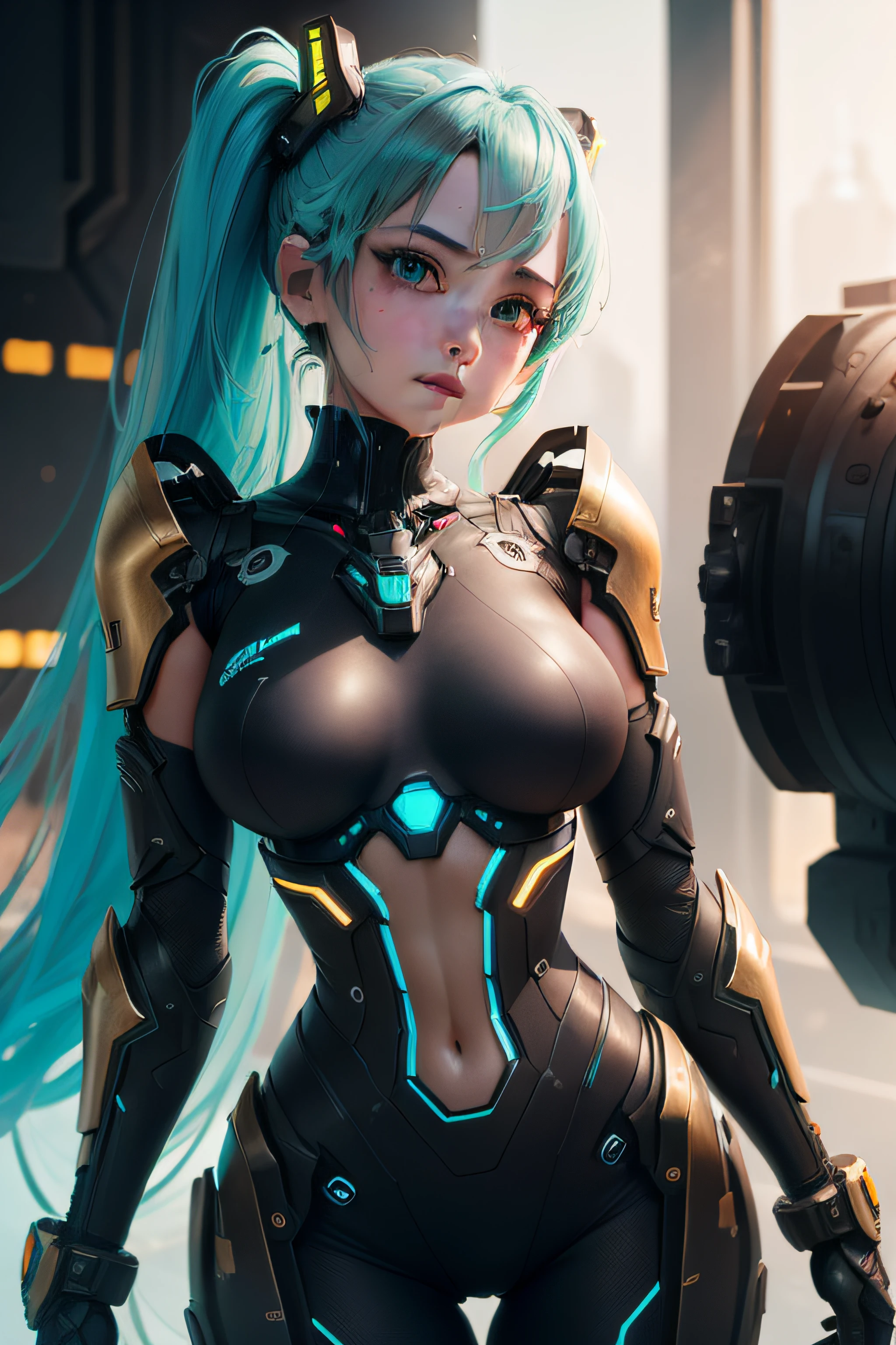 cgmech, beautiful eyes, upper body, underboob, portrait, robot, armor, Hatsune Miku, neon light, 8K, RAW, best quality, masterpiece, ultra high res, colorful, (medium wide shot), (dynamic perspective), sharp focus , (depth of field, bokeh:1.3), extremely detailed eyes and face, beautiful detailed eyes,large breasts,(black gold, trimmed gear:1.2),(In a futuristic weapons factory:1.2), ((masterpiece, best quality)), Detailed background, spaceship interior DPM++ SDE Karras