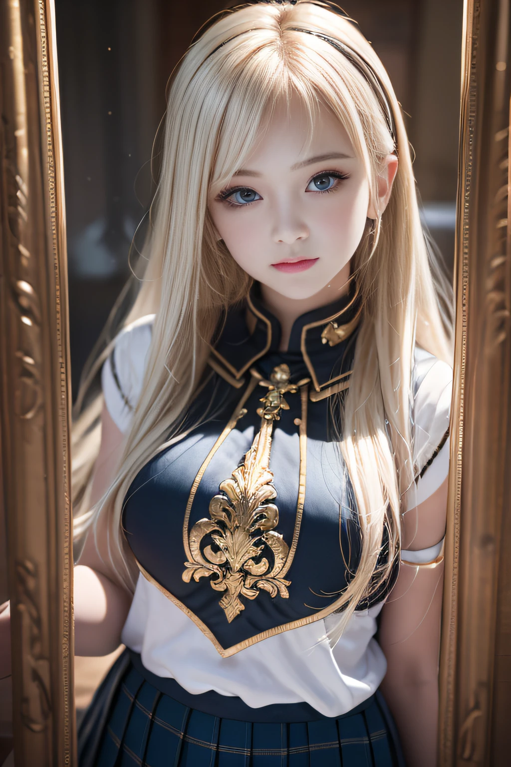 bright expression、poneyTail、Young shiny shiny white shiny skin、Best Looks、Blonde reflected light、Platinum blonde hair with dazzling highlights、shiny light hair,、Super long silky straight hair、Beautiful bangs that shine、Glowing crystal clear attractive big blue eyes、Very beautiful nice cute 16 year old girl、Lush bust,Beautiful detailed eyes, beautiful detailed nose,(( Full body:1.25)),Makeup that the eyes emphasize、((Pleated skirt with many folds)),(Women like Joan of Arc)、s Armor、Knights, With a sword and shield,Royal style,Comic style, , Sub-surface scattering, ornate detail, nature backdrop, Hyper-realistic, Cinematic, Dramatic Lighting, masutepiece