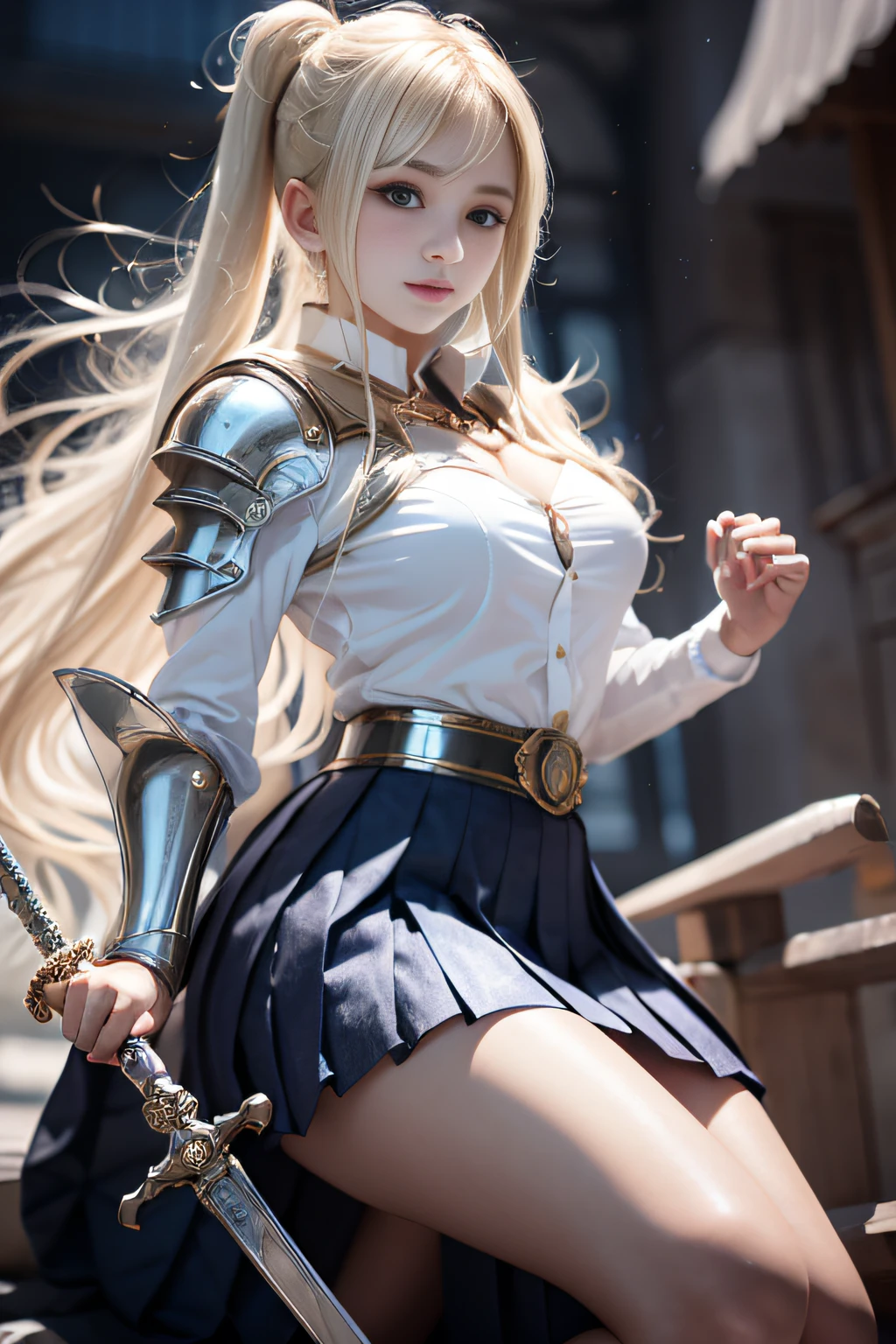 bright expression、poneyTail、Young shiny shiny white shiny skin、Best Looks、Blonde reflected light、Platinum blonde hair with dazzling highlights、shiny light hair,、Super long silky straight hair、Beautiful bangs that shine、Glowing crystal clear attractive big blue eyes、Very beautiful nice cute 16 year old girl、Lush bust,Beautiful detailed eyes, beautiful detailed nose,(( Full body:1.25)),Makeup that the eyes emphasize、((Pleated skirt with many folds)),(Women like Joan of Arc)、s Armor、Knights, With a sword and shield,Royal style,Comic style, , Sub-surface scattering, ornate detail, nature backdrop, Hyper-realistic, Cinematic, Dramatic Lighting, masutepiece