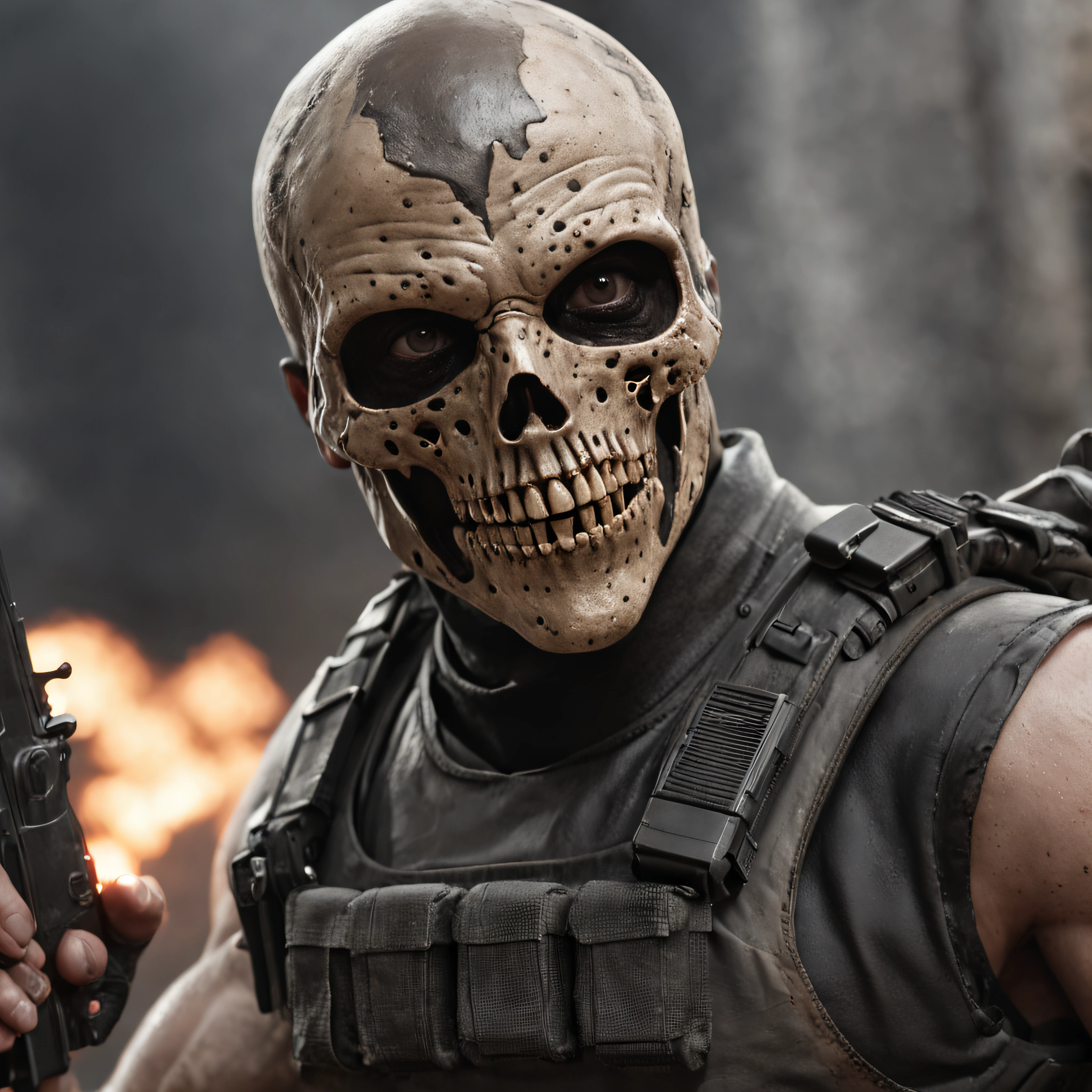 Um Policial com o rosto super detalhado de caveira sinistra, com os olhos super detalhados e sinistros, com um sorriso super detalhado e sinistro，With two daggers in his hands，Special Forces style, estilo assassino, Com um rifre de assalt fusil nas costas, facing a super detailed penitentiary and catching fire, sinister and burning penitentiary, Penitentiary door similar to Hell's Gate, arte de splash do personagem，A arte do assassinato，Credo dos Assassinos. Make sure there is no noise and that the lines are thick and sharp like contour art, (((pose interagindo e se apoiando [em uma objeto|em algo no ambiente]))), foco em um quadro vertical da imagem."((full body):1.5). 16k, UHD, best possible quality, ((best possible detail):1), best possible resolution, Unreal Engine 5, professional photography, perfect_hands, (perfeito:1.2)
