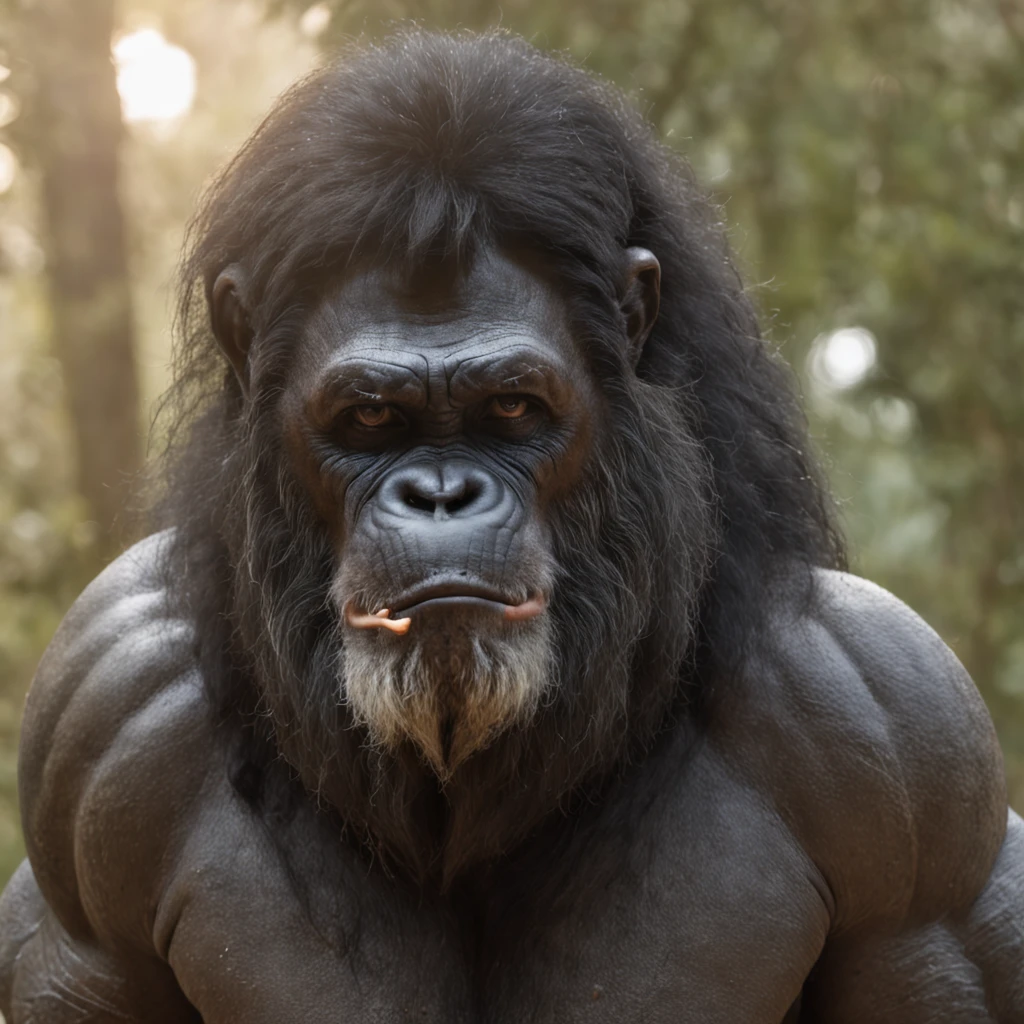 strong hunter,com musculos bem definidos,cabelos longos pretos,no meio da floresta ao por do sol segurando um machado de duas laminas,ao seu lado um lobo gigante cinza,seu companheiro de batalha.
