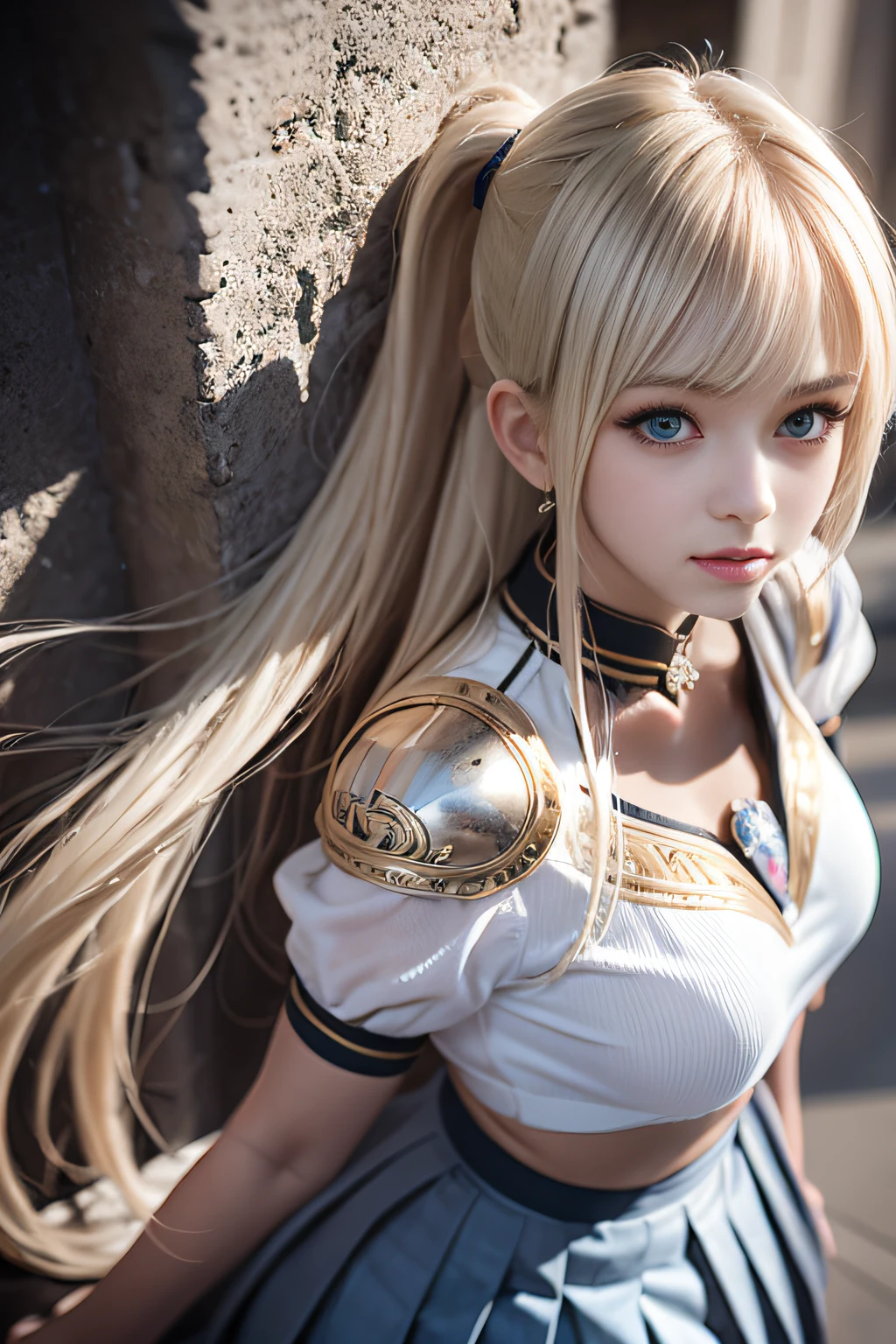 bright expression、poneyTail、Young shiny shiny white shiny skin、Best Looks、Blonde reflected light、Platinum blonde hair with dazzling highlights、shiny light hair,、Super long silky straight hair、Beautiful bangs that shine、Glowing crystal clear attractive big blue eyes、Very beautiful nice cute girl、Lush bust,Beautiful detailed eyes, beautiful detailed nose,(( Full body:1.25)),Makeup that the eyes emphasize、((Pleated skirt with many folds)),(Women like Joan of Arc)、s Armor、Knights, With a sword and shield,Royal style,Comic style, , Sub-surface scattering, ornate detail, nature backdrop, Hyper-realistic, Cinematic, Dramatic Lighting, masutepiece