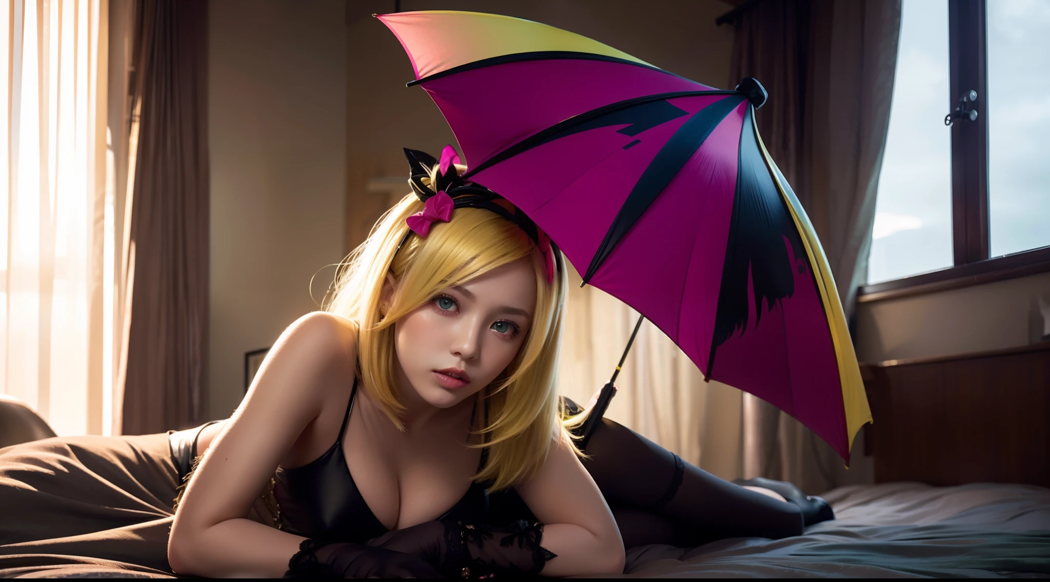 Blonde hair，Asymmetrical hairstyle，lustrous Some hair，watered eyes，Yellow-green gradient pupil color，Pink lipstick，Seductive expressions，Lightning umbrella，black reotard，Bow headdress，Lie down in bed，inside in room，Soft light，Cinematic lighting，Best quality magazine covers