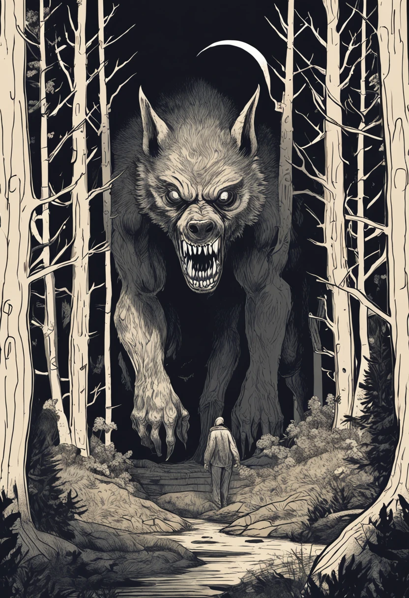 "Terrifying horror art of a full-bodied werewolf with sharp teeth, set in a dark ambient forest cabin. The artwork showcases the eerie atmosphere of Poland cryptid folklore and emphasizes the presence of flora surrounding the creature."