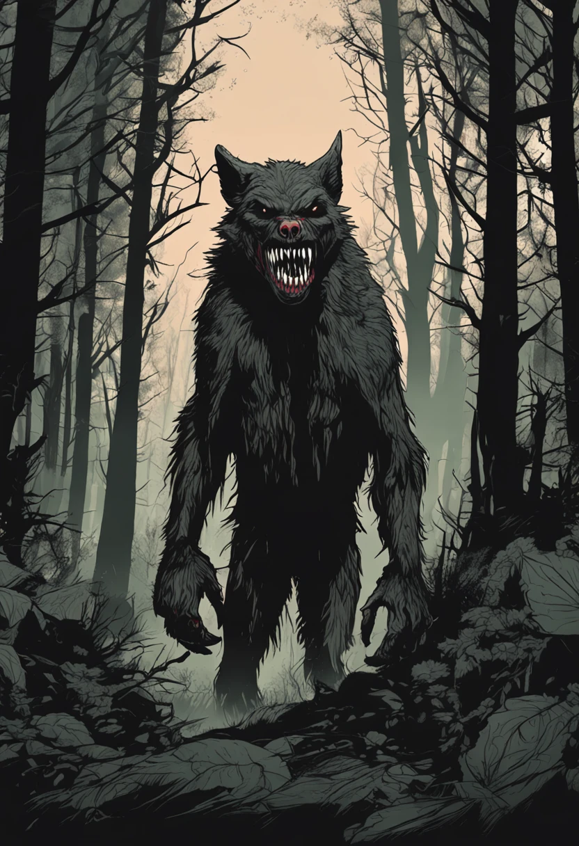 Create art in the style of a vintage poster, old movie posters, from the next scene: when the man approached the sidewalk of the street full of small houses, a colossal figure emerged from the shadows, advancing towards you with frightening speed. It was a werewolf. His body was a grotesque mixture of man and wolf.., a mass of torn and twisted flesh, covered by a disheveled black coat that seemed to absorb the little light the night offered.
