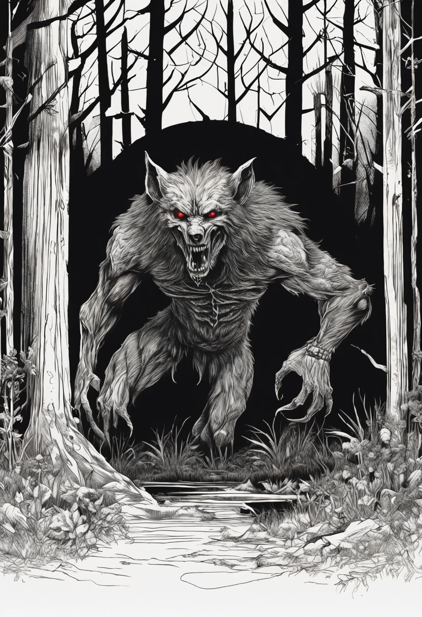 "Terrifying horror art of a full-bodied werewolf with sharp teeth, set in a dark ambient forest cabin. The artwork showcases the eerie atmosphere of Poland cryptid folklore and emphasizes the presence of flora surrounding the creature."