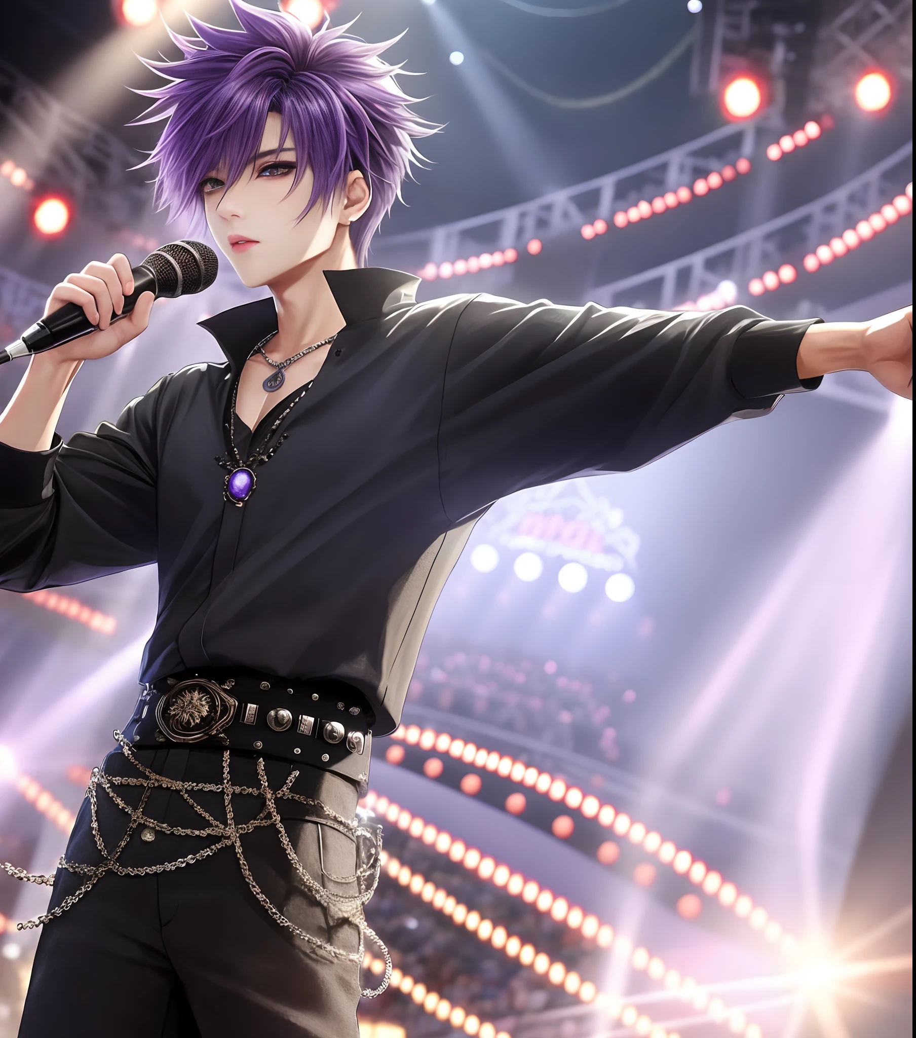 During a concert on stage, Idol Photos, Professional Photos, shot from back, Photographed so that the whole body can be seen, shot from back, At Fed Man with Necklace, inspired by Sim Sa-jeong, androgynous vampire, :9 detailed face: 8, extra detailed face, detailed punk hair, ((Gray)) baggy eyes, Seductive. Highly detailed, semi realistic anime, Vampires, hyperrealistic teen, delicate androgynous prince, imvu, Bright purple hair, Gray eyes, Black Casual Korean Fashion((Plain clothe)), Microphone in one hand, Hiding both eyes with bangs, I can't see both eyes with bangs, Long bangs, short hair above the ears, Glaring expression, Wild look, looking distantly, high-level image quality, ​masterpiece, ((1 male human))