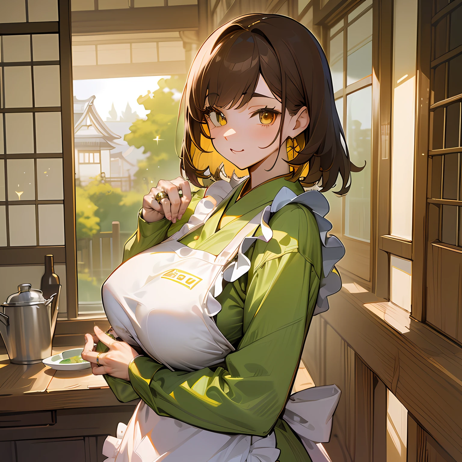 Background with(In a Japanese-style house:1.3),(8K, Yes, Best quality, tmasterpiece:1.2),\(eye detailed\),\(Facial features\),(\(Clothes detail details\)\)，1个Giant Breast Girl,full bodyesbian,Solo,orthofacial,Bright brown hair,Bob Head,Yellow eyes，Wearing(Solid color long sleeve shirt，Yellow apron,:1.3),(He wears a glittering silver ring on the ring finger of his right hand。。),ultra - detailed，absurderes，Sharp focus，(a matural female:1.2),A MILF,(huge tit),(Felt like a loving mother:1.3),