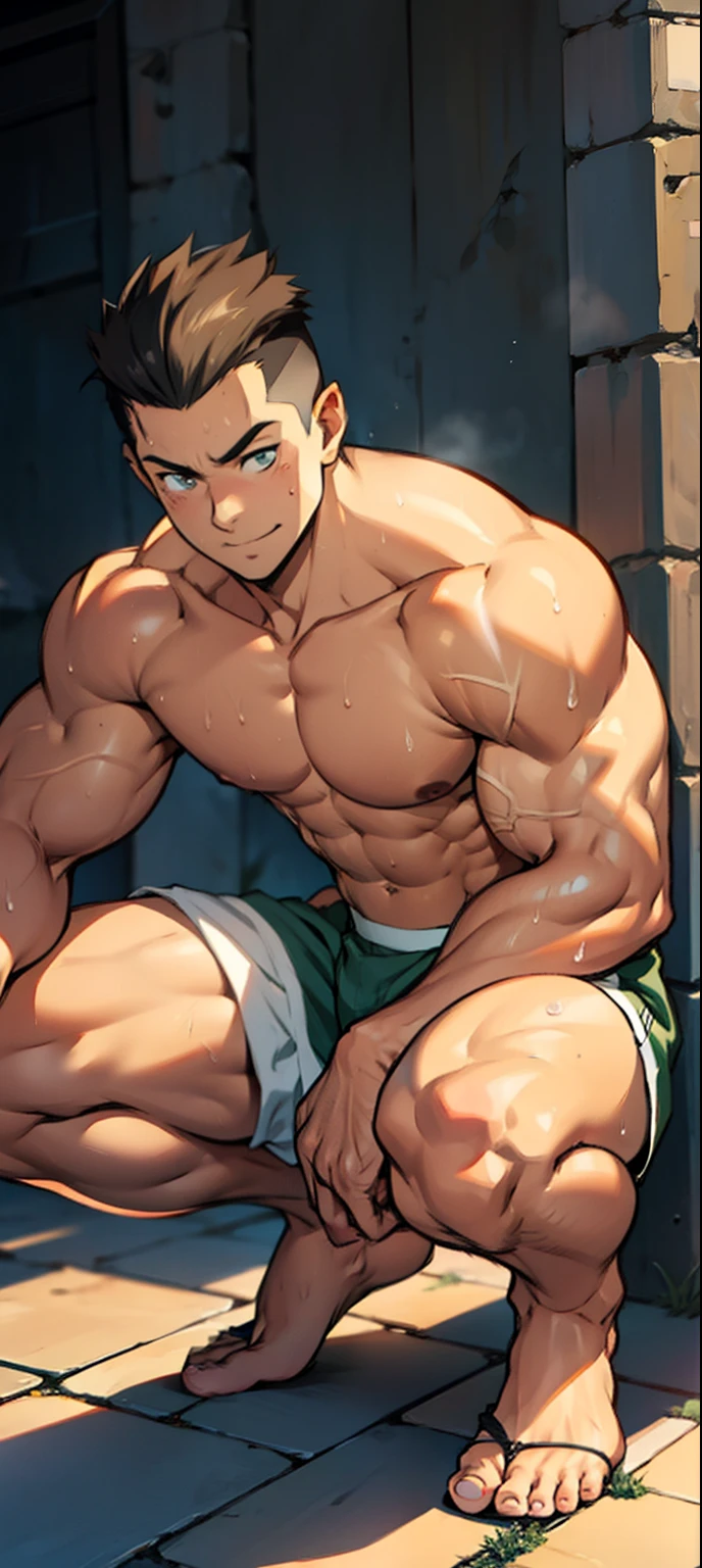 (photo corner from bottom up) (highest quality image) elf boy, young, teen, wearing boxer briefs, anime image, squatting, cute baby face, undercut hair, huge pectoral muscles  muscular giant, big strong thighs, strong hamstrings, muscular biceps muscles, super giant body, well developed muscles, 2 meters tall, topless, rosy skin, ,sweat  The parody is flowing, hands hanging down, no shoes, no beard