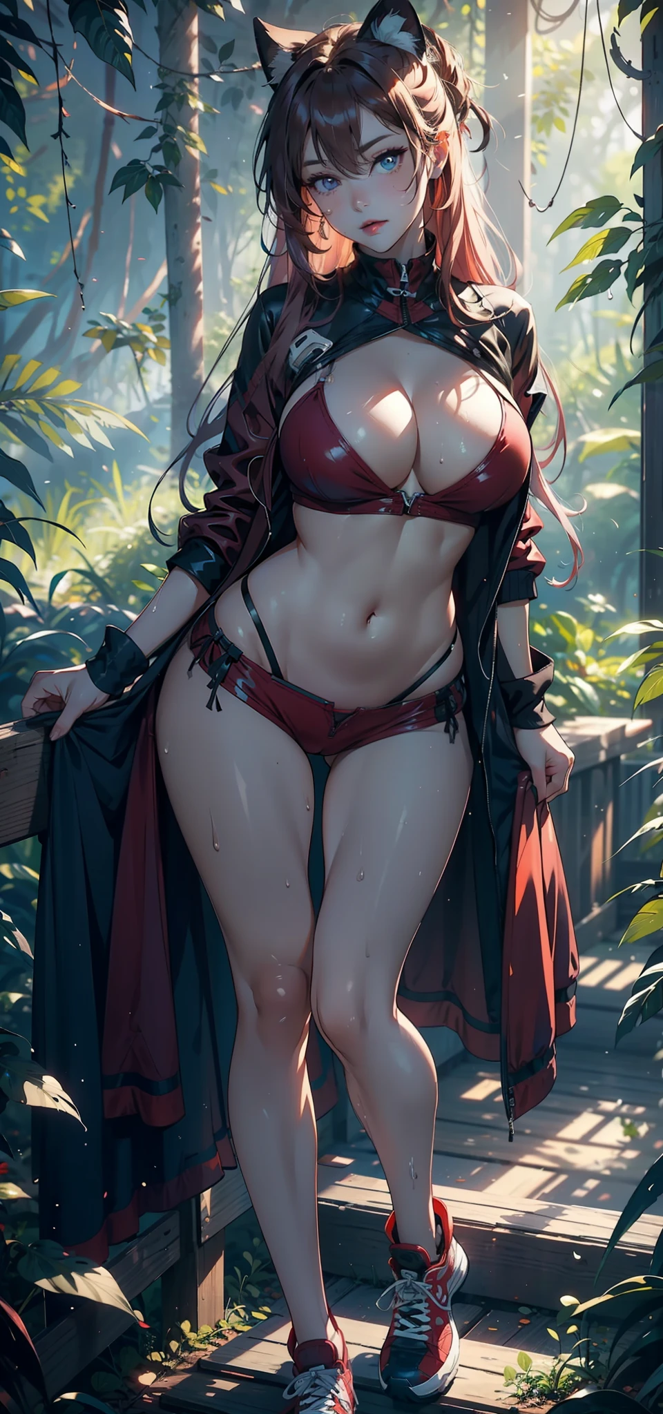 1female,35yo,Slim,熟妇,gigantic cleavage breasts,Big breasts Thin waist,slenderlegs,Pornographic exposure, 独奏,(Background with:ln the forest,the rainforest,in summer) She has long pink hair,standing on your feet,Sweat profusely,drenched all over the body,seen from the front, hair straight, mostly cloudy sky,(((tmasterpiece),(Very detailed CG unity 8K wallpaper),best qualtiy,cinmatic lighting,detailed back ground,beatiful detailed eyes,Bright pupils,(Very fine and beautiful),(Beautiful and detailed eye description),ultra - detailed,tmasterpiece,)),facing at camera,(Full body photo),Show shoes,A high resolution,ultra - detailed),revealing breasts,Bare genitalia, Bulge,legs are open,Raised sexy,Camel toes,Flushed complexion,Open-mouthed,frontage,(Wearing:Red baseball jacket,Transparent erotic shorts,athletic sneakers),full bodyesbian,Show shoes