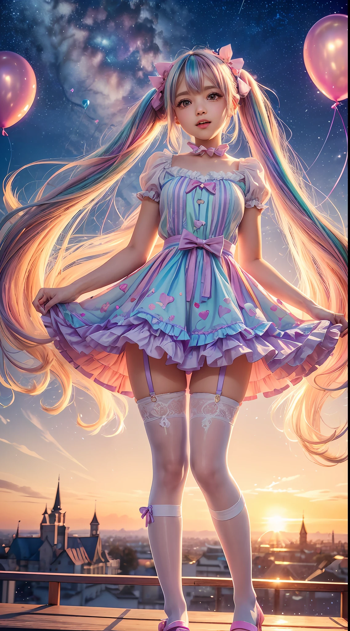 Pink teal blue hair, pink eyes, woman, teal blue gold clothes, hair bows, happy face, sexy, cat ears, hearts, floating hearts, thigh up, thigh high tights, long hair, smiling