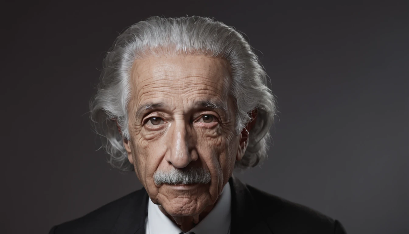 create a cinematic image of Albert Einstein in full body. He is wearing an elegant black suit with a black tie, that contrast with their distinctive appearance. The colors are vivid and rich, destacando cada detalhe. Einstein is captured while walking with a confident posture. His head is slightly tilted forward, como se estivesse mergulhando em pensamentos profundos. The ambient light enhances the features of your face, emphasizing the intelligence he personifies. The setting is an urban street at night, illuminated by neon lights that create a dramatic backdrop. O vento suave brinca com seu cabelo e as abas do casaco, sugerindo movimento. He keeps an open book in his hands, symbolizing their ongoing quest for knowledge. The scene is a powerful and iconic depiction of Einstein, capturing his intellectual presence and his unwavering curiosity. Image resolution is high quality, permitindo que cada detalhe seja apreciado, providing an immersive visual experience