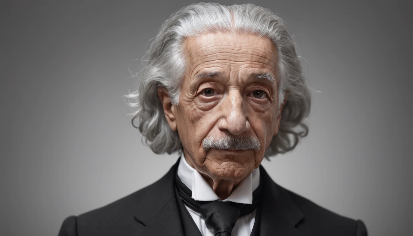 create a cinematic image of Albert Einstein in full body. He is wearing an elegant black suit with a black tie, that contrast with their distinctive appearance. The colors are vivid and rich, destacando cada detalhe. Einstein is captured while walking with a confident posture. His head is slightly tilted forward, como se estivesse mergulhando em pensamentos profundos. The ambient light enhances the features of your face, emphasizing the intelligence he personifies. The setting is an urban street at night, illuminated by neon lights that create a dramatic backdrop. O vento suave brinca com seu cabelo e as abas do casaco, sugerindo movimento. He keeps an open book in his hands, symbolizing their ongoing quest for knowledge. The scene is a powerful and iconic depiction of Einstein, capturing his intellectual presence and his unwavering curiosity. Image resolution is high quality, permitindo que cada detalhe seja apreciado, providing an immersive visual experience