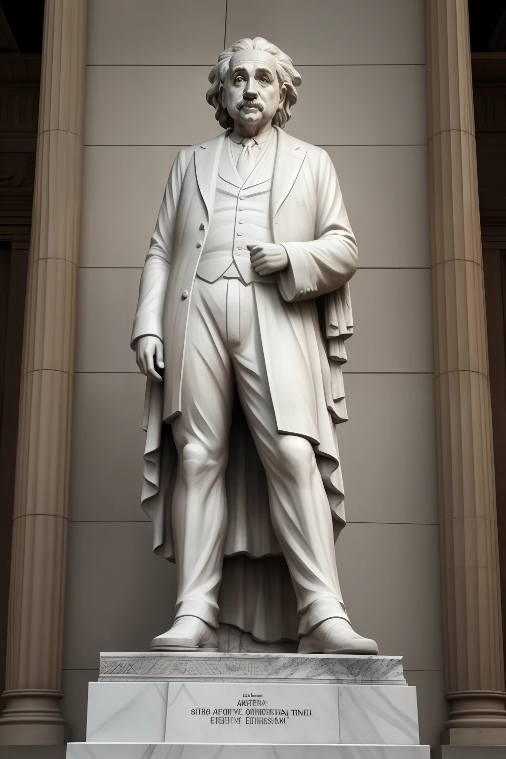 albert einstein, Greek gray statue style, dramatic photo, foto preto e branco, usando um terno mostrando todo corpo e sapato, pensador, realista, standingn