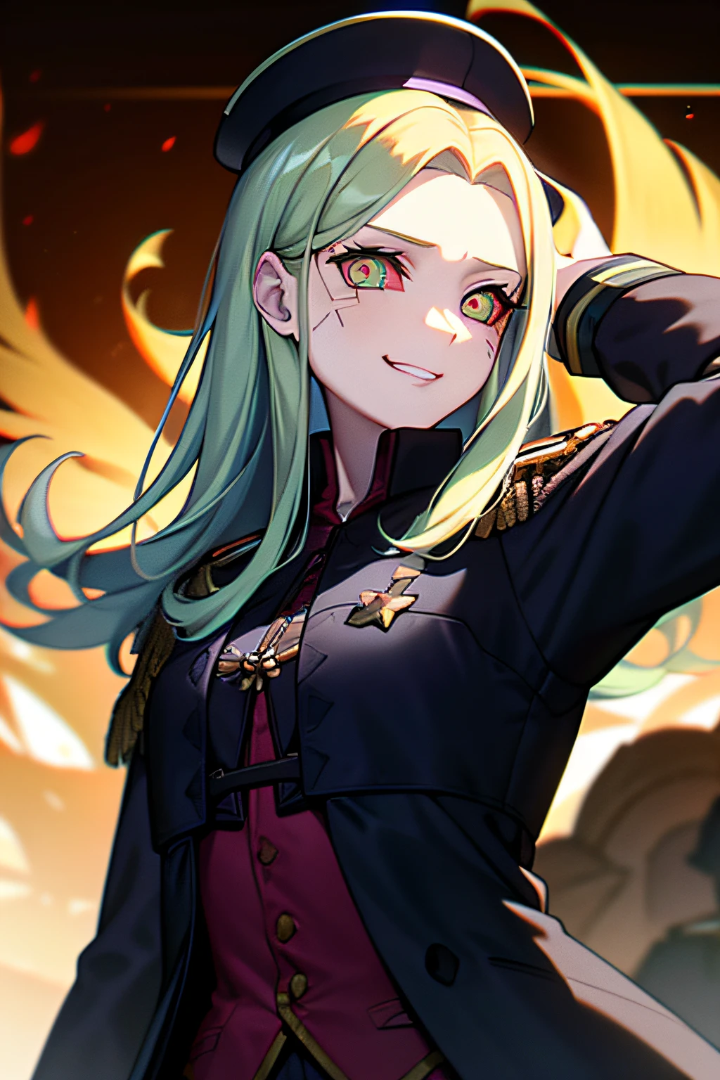 (masterpiece, best quality: 1.2), only, 1girl, rebecca , Looking at Viewer, different poses, green eyes, long hair, completely green hair, reference to a WWII German general's costume; black, long sleeves (best quality), scar on face, Beautiful eyes rose , has only 2 arms, has war medals on his clothes, Black Military Cap, Gold Eagle Medal on Clothing, (wallpaper), (HD 8K), (HD 8K ), Gold Shoulder Pads, Sprites, 1 Individual Design (masterpiece, best quality: 1.2), only, 1 girl, power \(chainsaw man\), Looking at Viewer, smiling, Happy, different poses, golden eyes rose, long hair, completely blonde hair, reference to the clothing of a German general from World War II,