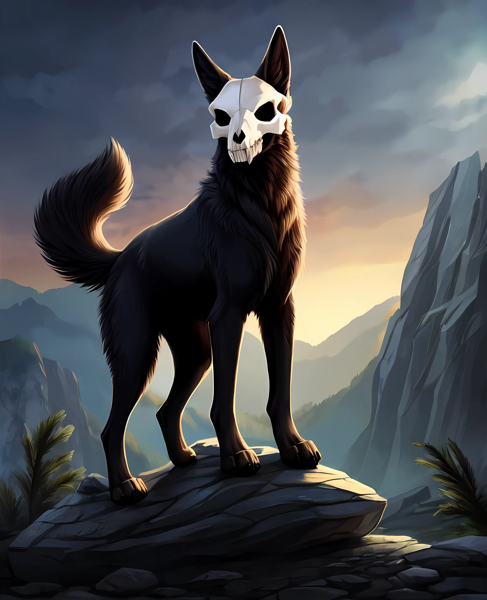 (quadruped, canine, feral) front feet on rock, standing,, detailed eyes, detailed eyes,  malo, skull head, black body, solo,  detailed, (perfect anatomy), daytime