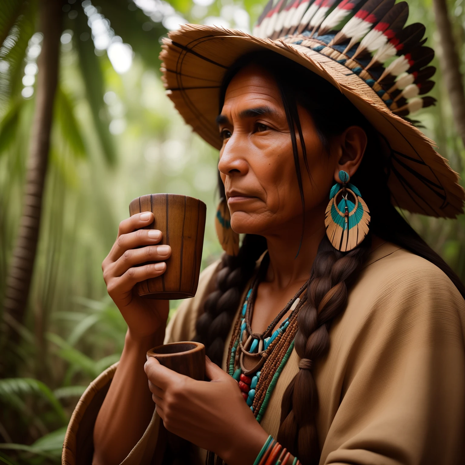Create an image of an indigenous shaman holding a small rustic brown wooden cup, ao fundo a imagem de uma floresta tropical