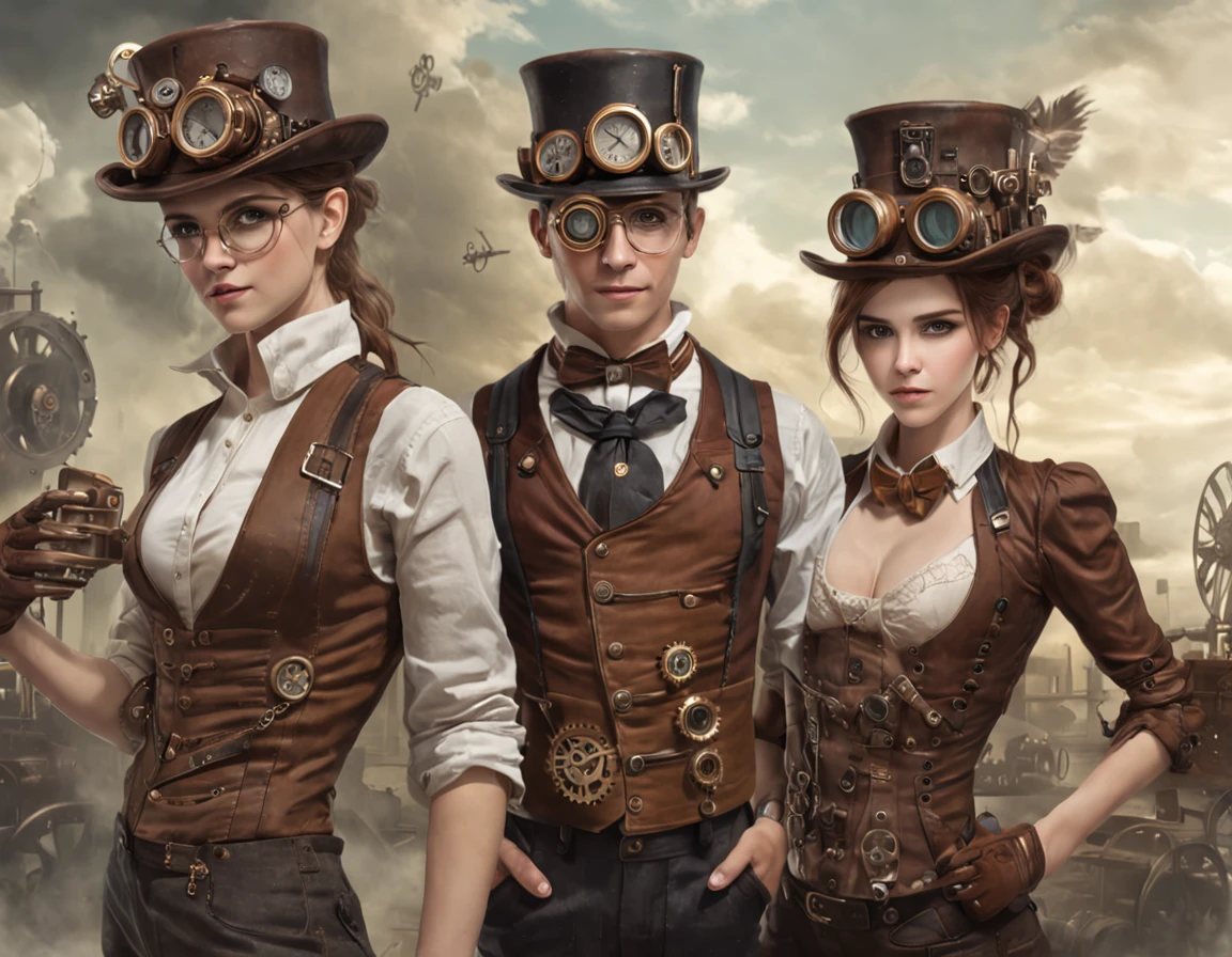 emma Watson, ::style steampunk, estilo realista, ::focus, ::n_style deformed hands, rosto deformado, pintura digital, deformed parts,