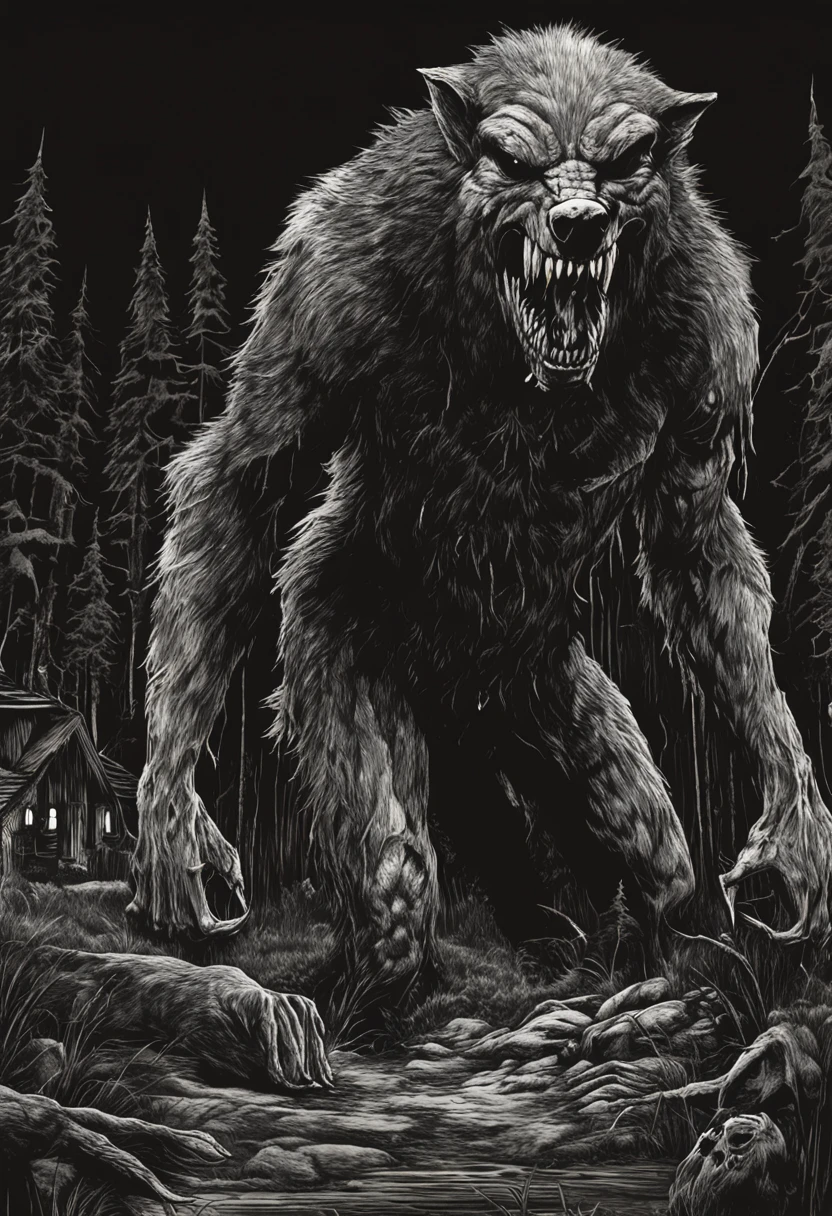 "Terrifying horror art of a full-bodied terrifying werewolf with sharp teeth, set in a dark ambient forest cabin. The artwork showcases the eerie atmosphere of Poland cryptid folklore."
