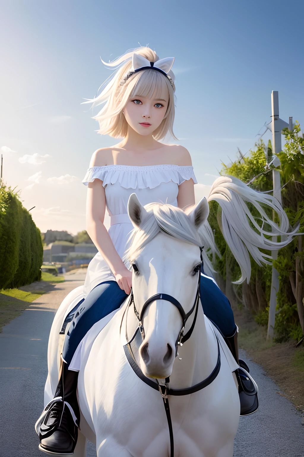 (Best Quality, Masterpiece: 1.1), (Realistic: 1.4), Beautiful girl on unicorn takes the sky,god ray,,silver short hair,blue eyes