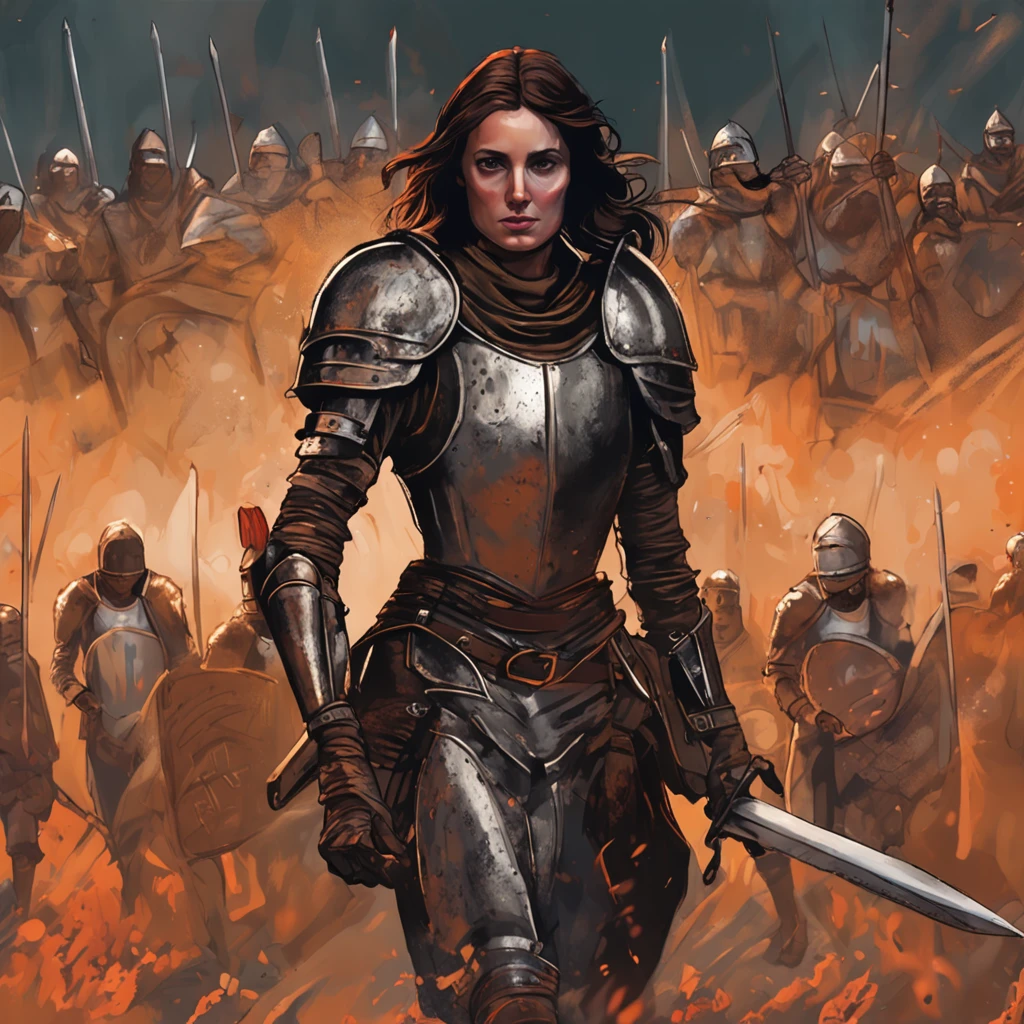 Joan of arc with dark brown hair in armor leading soldiers into battle, surrealism, Dream-like,fusionart, Shadowdancer, shadow magic
