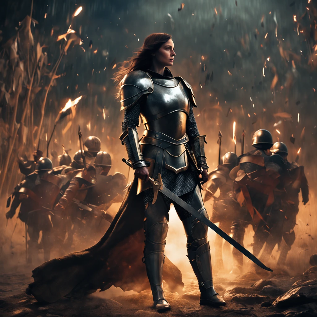 Joan of arc with dark brown hair in armor leading soldiers into battle, surrealism, Dream-like,fusionart, Shadowdancer, shadow magic
