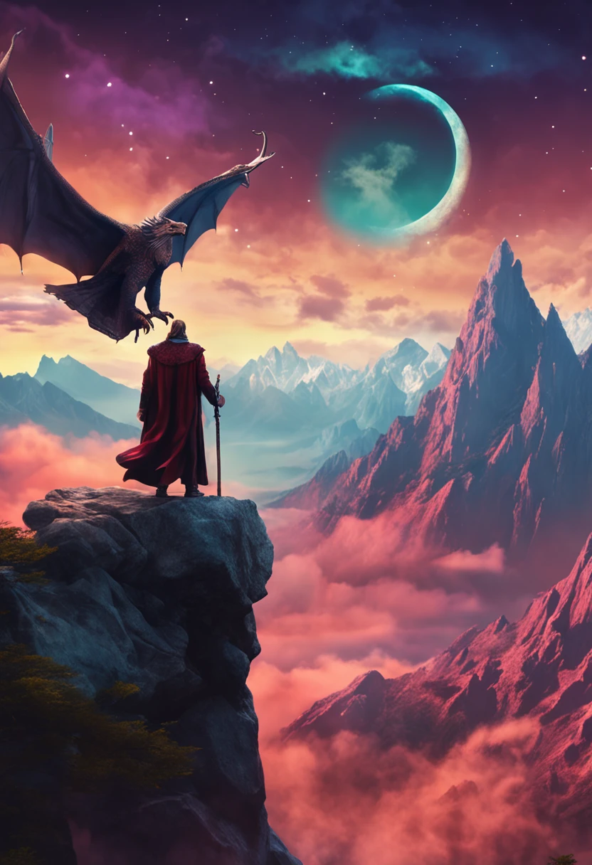fantasy art image of a wizard in a top of a rock having a magestic view of mountains and dragons in the sky