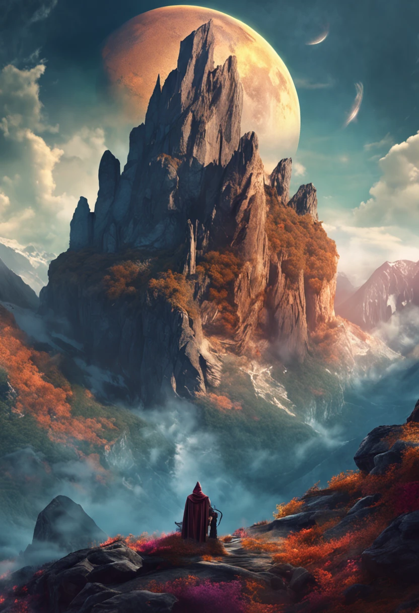 fantasy art image of a wizard in a top of a rock having a magestic view of mountains and dragons in the sky