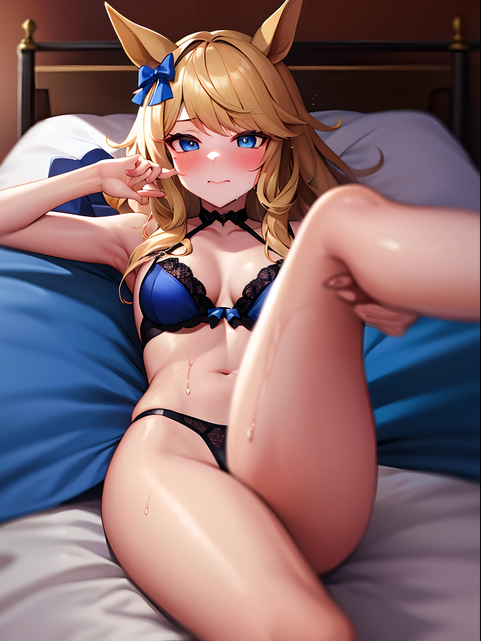 ​masterpiece,top-quality, Best Quality，anime illustrated，{{{1 woman}}}，独奏，{{{Gold Shichi\Uma Musume}}}，{{{horse ear}}}，Golden long wavy hair， red blush，blue eyess，Nasty face，a closed mouth，Black lingerie，Normal，{{{{{Hide your hands behind your body}}}}}，open the legs widely，{{{Bold M-shaped legs}}}，{{{laying on back}}}，on the beds，My body is very wet.，My body is very wet，Crotch focus