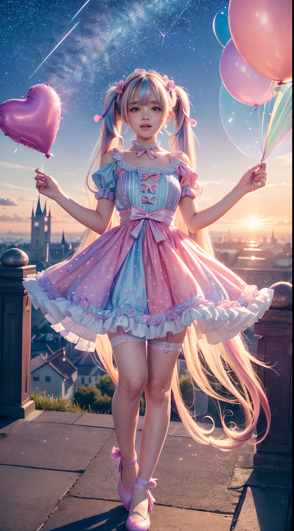 (fullbody, legs and shoes visible: 1.2)) expressive eyes, woman, pale skin, long hair, windblown hair, ((absurdly long hair)), long sidelocks, hime bangs, hair fringe, hair bun, ((very long twintails)), iridescent hair, light pink hair, blushing, full face blushing, big sparkling pastel purple eyes, (gradient eyes), open mouth smile, cute pose, ((holding balloons : 1.3))
((cute and pastel fashion)) ((🦄🎠🎈😎 theme : 1.4)) flowy pastel dress, ((dreamy multicolored open dress)), (floating ribbons), lavender ruffles, pink frills, (light blue lace), detached short sleeves, puffy skirt, ((rainbows and stars print skirt : 1.3)), ta skirt, purple bows, ((pompon ribbons hair ornament : 1.4)), multiple bows, striped lace stockings, (heart shaped leg garter), cute (pastel purple) shoes ((hyperdetailed clothing and fashion)) looking at you, vintage girl, blushing, (beautiful detailed eyes), (extremely detailed CG unity 8k wallpaper) (best shadow), ((an extremely delicate and beautiful)), (detailed light), ((depth of field)) big head, big sparkling eyes, moe, splash art, cinematic lighting, frontal view, volumetric lighting maximalist photo illustration 64k resolution high res intricately detailed complex key visual precise linear
((in the dreamy pastel sky background, surrounded by sunset clouds, shooting stars, castles in the clouds)) ((hyperdetailed scenery, foggy clouds, suspended by balloons, hearts : 1.3))