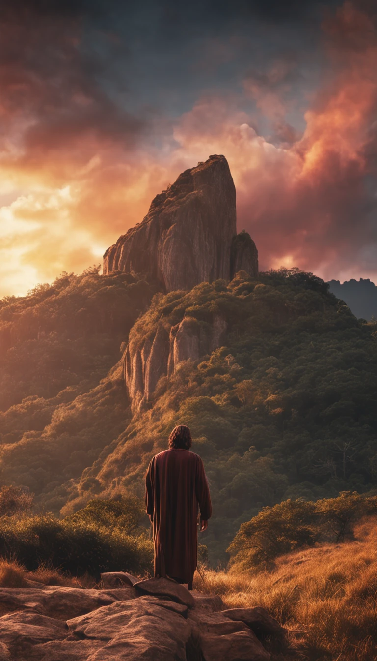 imagem de jesus, homem 33 anos, deus, jesus lendo a biblia sagrada, fundo por do sol.